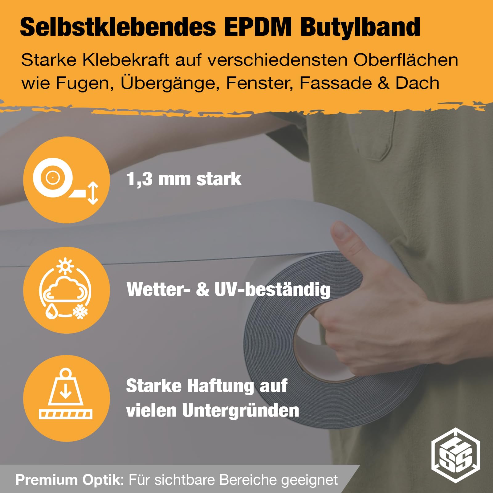 HSS Butylband EPDM 1,3 mm gewebeverstärkt – 10 cm x 5 m selbstklebendes Reparatur- und Abdichtungsband – wasserdicht, UV-beständig, flexibel & haftstark