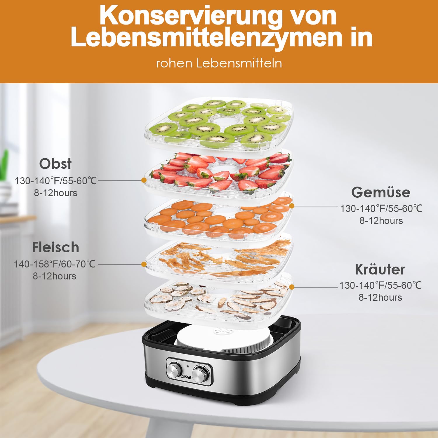 YASHE GGJ-261A Dörrautomat mit 5 höhenverstellbaren Tabletts, Temperaturregelung von 35-70°C, 240 Watt Dörrgerät für Obst und Gemüse, BPA-frei, Silber, Klar, Schwarz