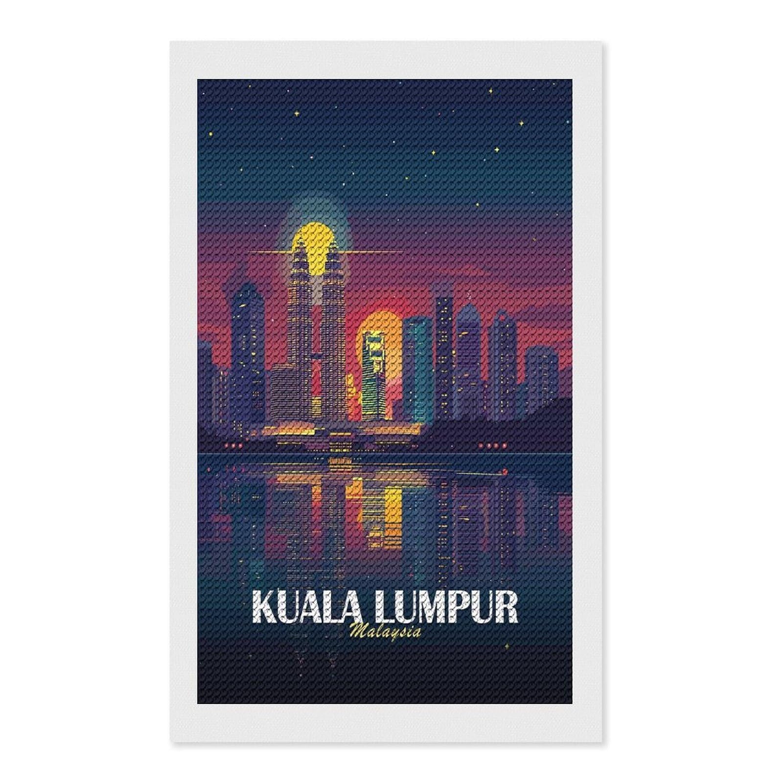 Junmoney Kuala Lumpur Skyline at Night Diamond Painting Canvas Set 12"x20", for Women, Mindful Craft Activity, Cosy Home Accent, Festive Craft Gift