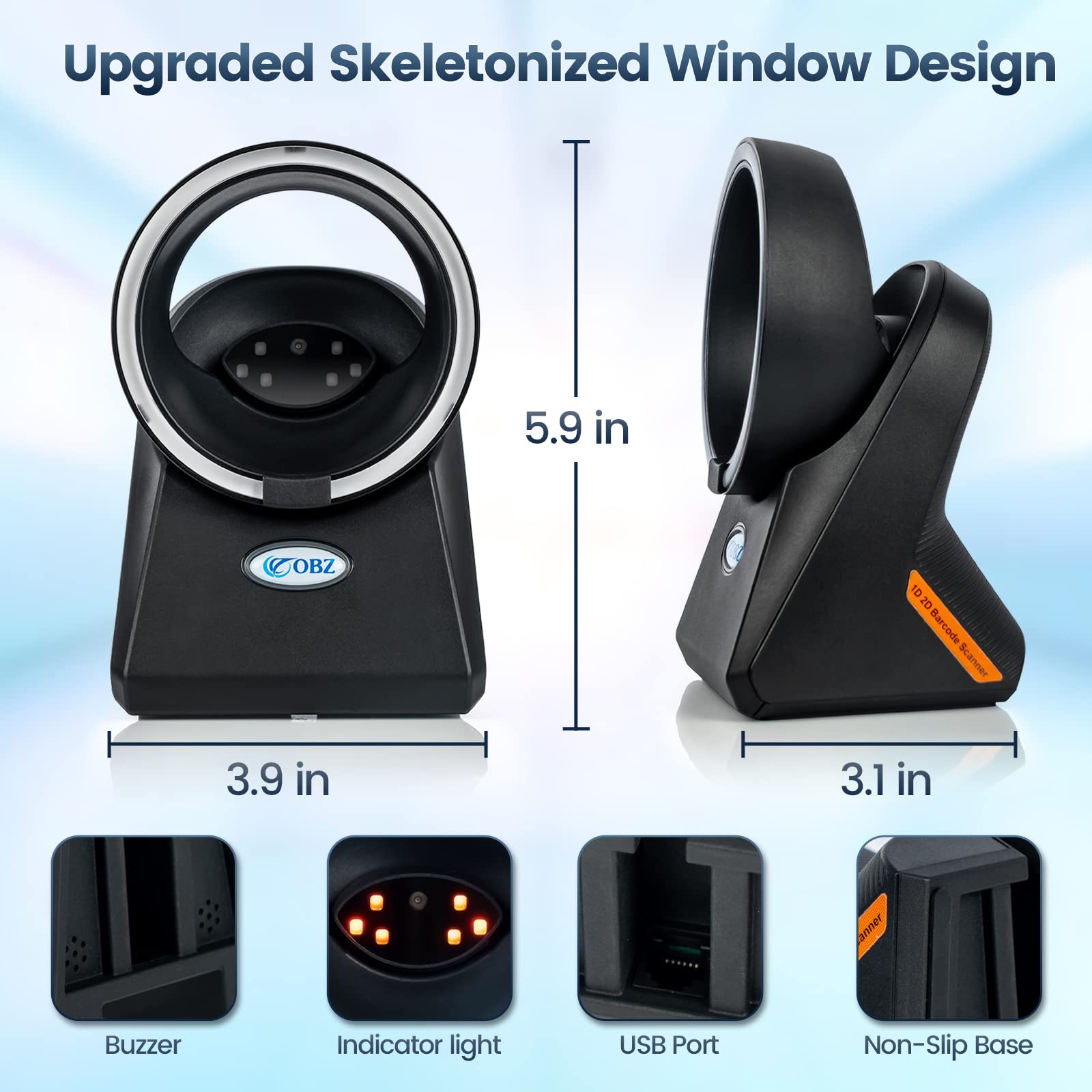 OBZ 1D QR 2D Desktop Barcode Scanner, QR Code Scanner USB Handsfree Barcode-Scanner Automatischer Bildsensierung Barcodescanner für POS PC Supermarkt Bibliothek Laden