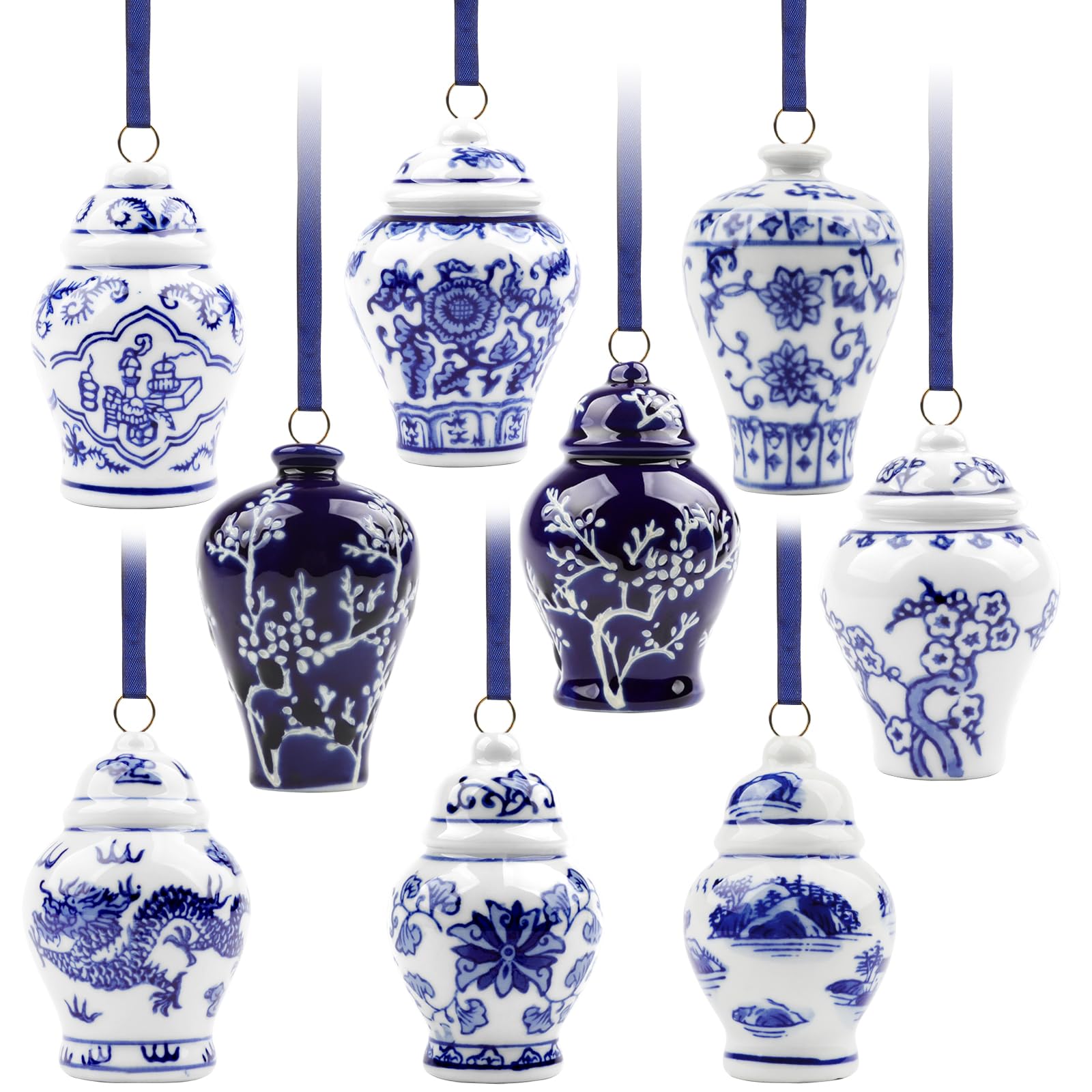 YiYa 9 Piezas Colgantes para árboles de Navidad Bolas Navideñas Azules y Blancas Adornos Navideños de Cerámica para la Decoración de Fiestas Navideñas