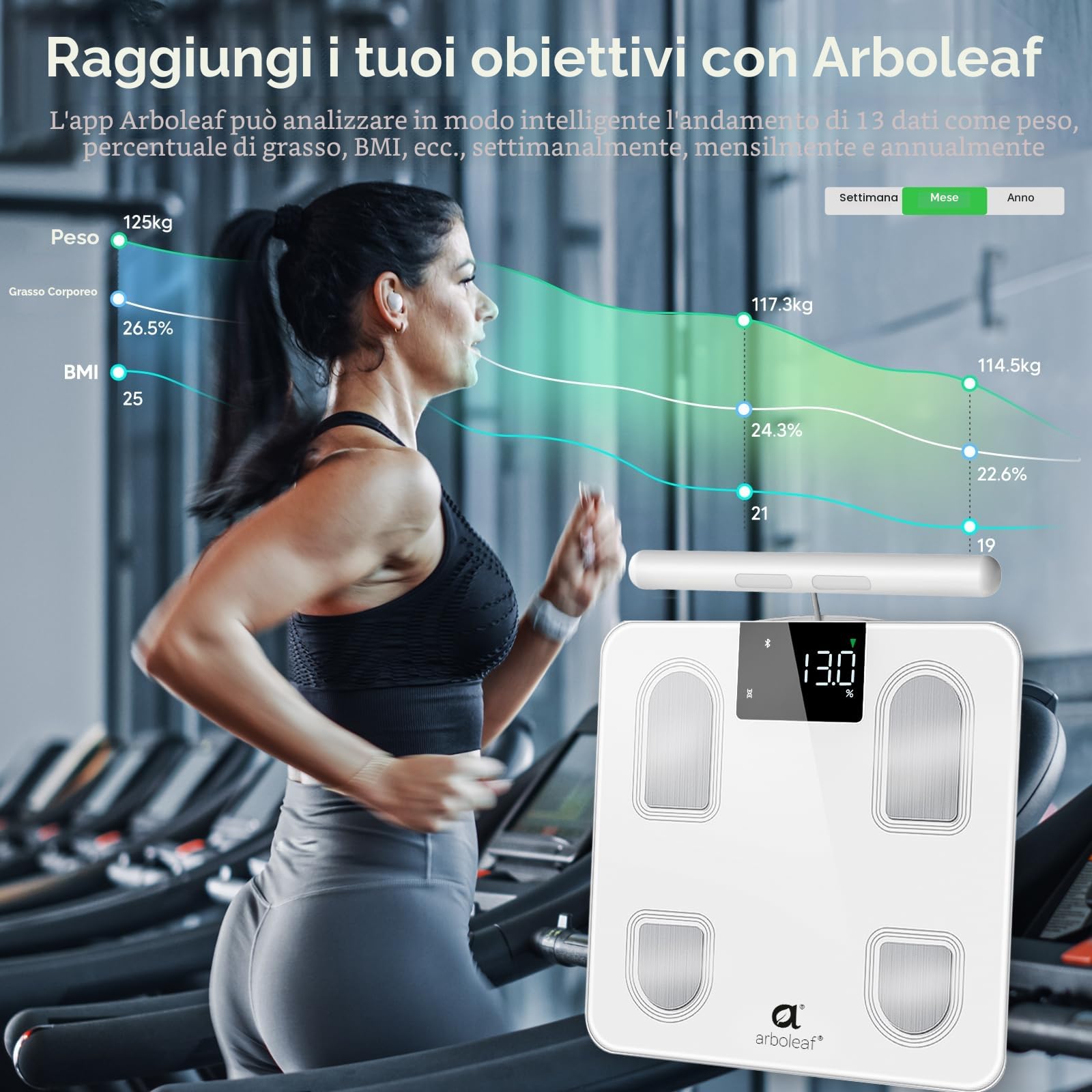 arboleaf Bilancia Impedenziometrica, 50 Metriche, 180 kg, Bianco avorio | Bilancia Pesapersone Digitale Intelligente, Bluetooth e APP, BIA a 8 Elettrodi, Analisi Corporea per BMI,Muscoli e Grassa