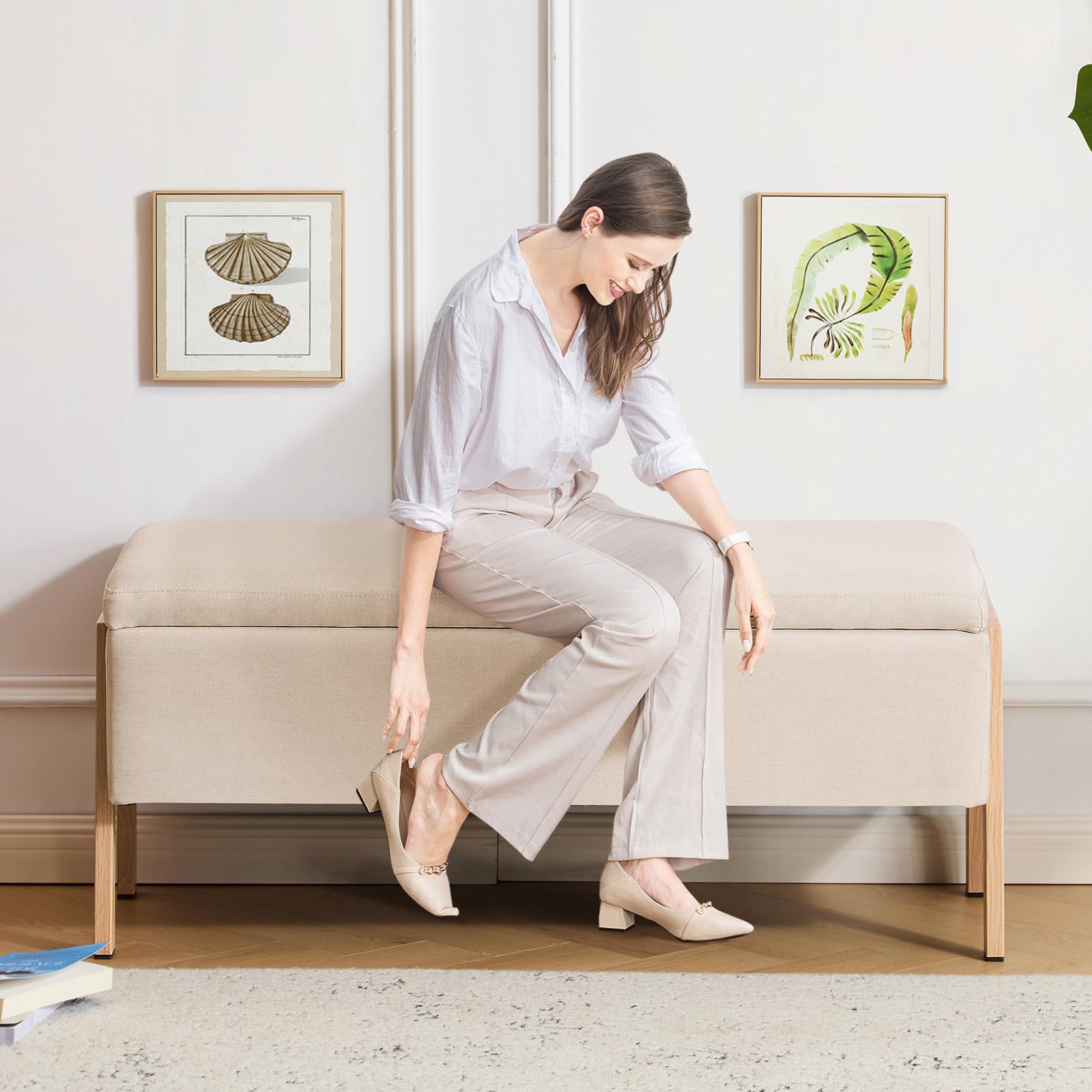 Sitzbank mit Stauraum 98cm, Sitzbank mit Beinen, Rechteckig, Aufbewahrungsbox, bis 300 kg belastbar, Gepolstert, mit Stauraum, Schlafzimmer, Flur, Polsterhocker, Leinen, Beige