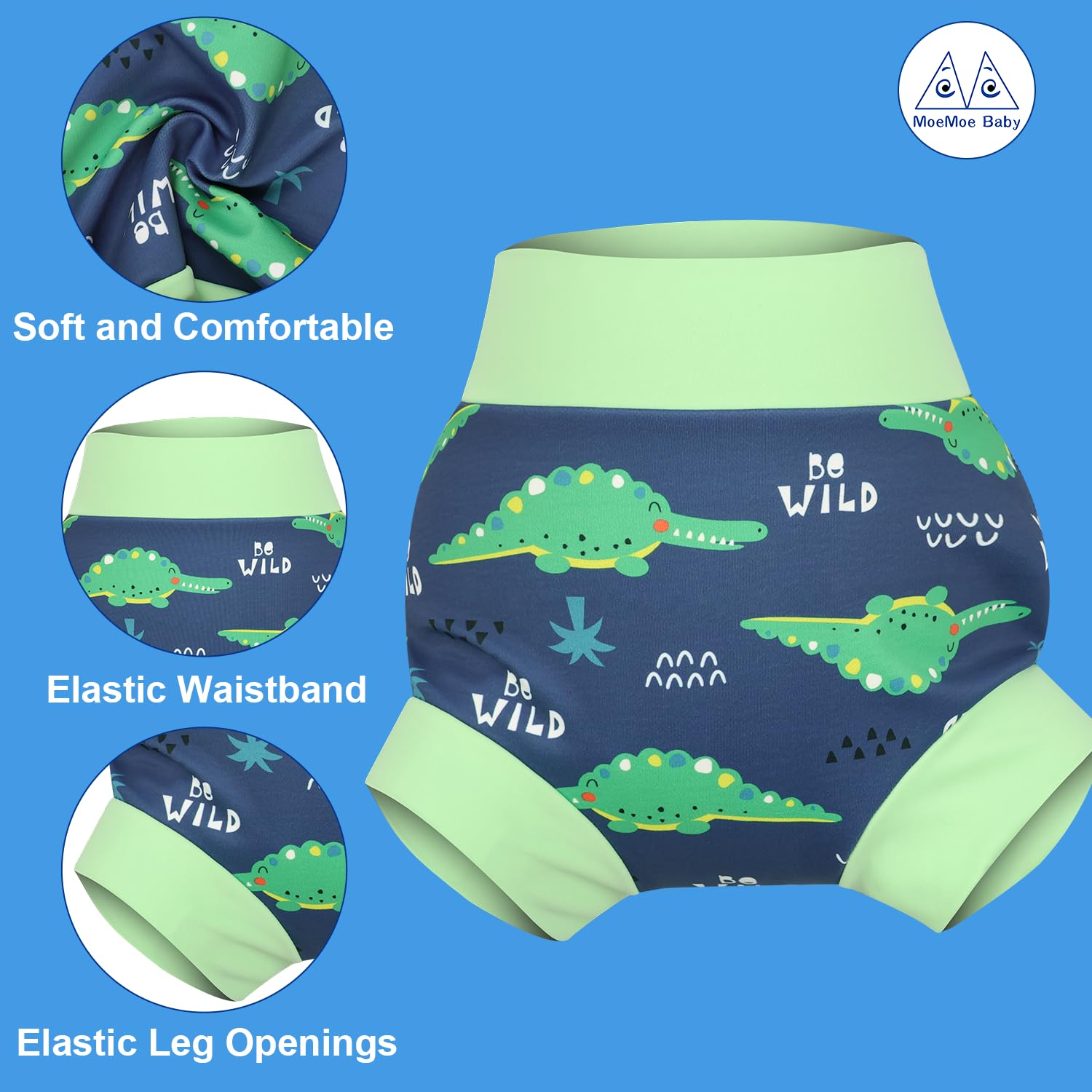 MOEMOE BABY Couches de Bain Réutilisables,Couche de Natation pour Bébés,Imperméable Couche Piscine pour Garçon et Fille,3 Paquets,Requin+Crocodile+Excavateur,3-4 Ans