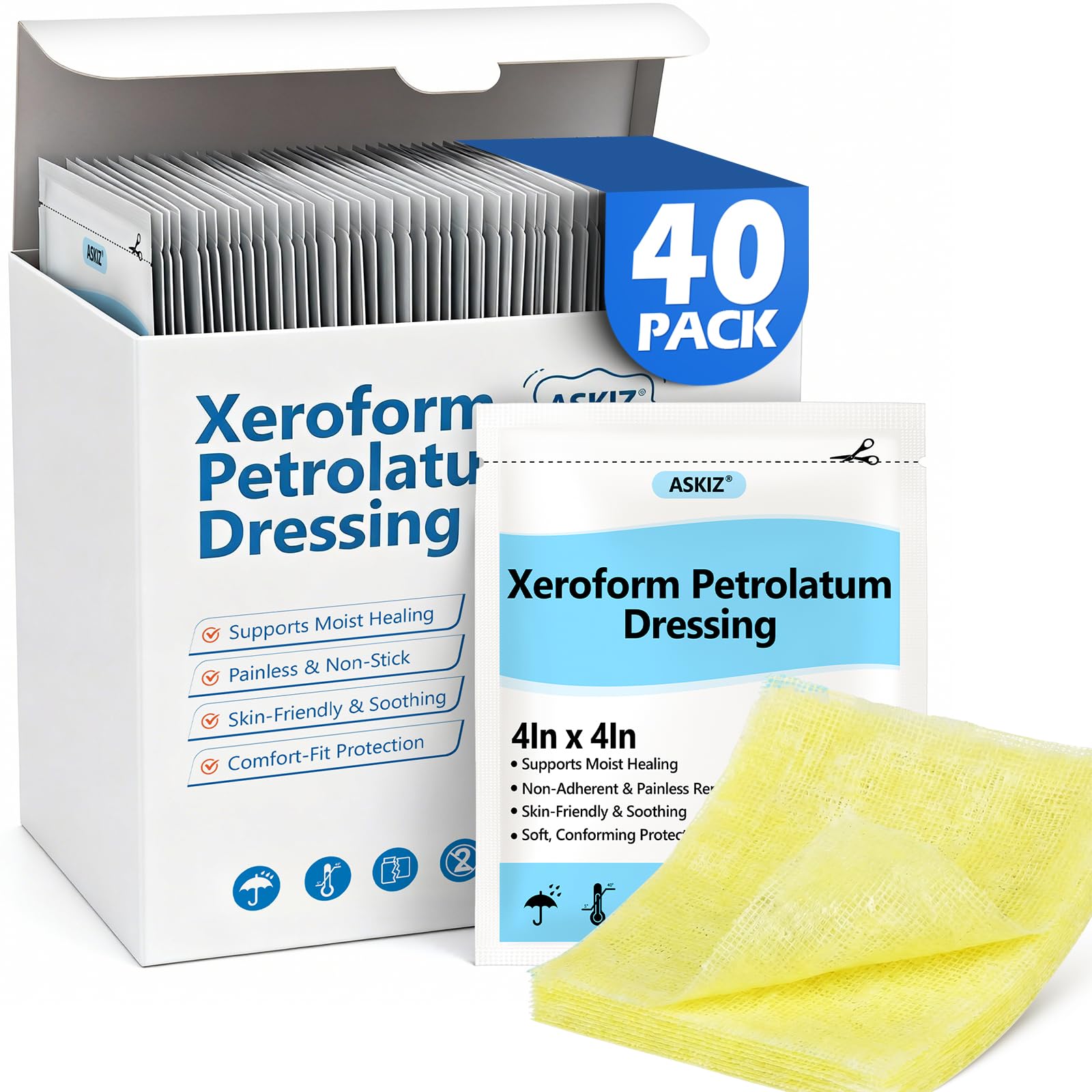 40 Pack Medical Xeroform Petrolatum Dressing Patch,4"x4"Non-Adherent Gauze Pads,Soft Fine Mesh Gauze Patch for Wound Care,Burns,Lacerations,Skin Grafts &amp; Surgical Incisions,Individual Packaged