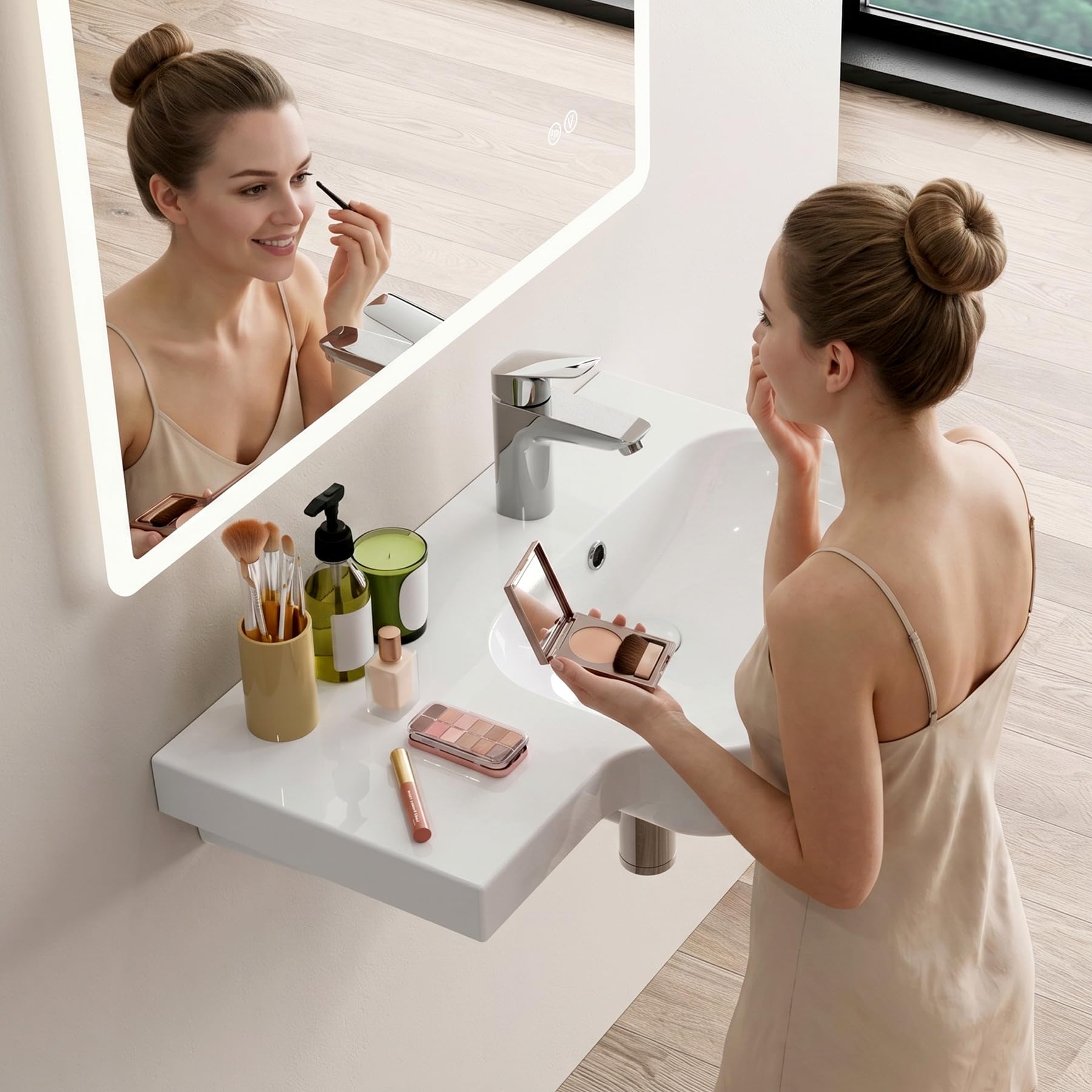 HOROW Waschbecken Bad Wandmontage mit Ablage 72x45 cm | Modernes Keramik Hängewaschbecken Waschtisch Bad für Badezimmer, Gäste WC & Garten, leicht zu reinigen