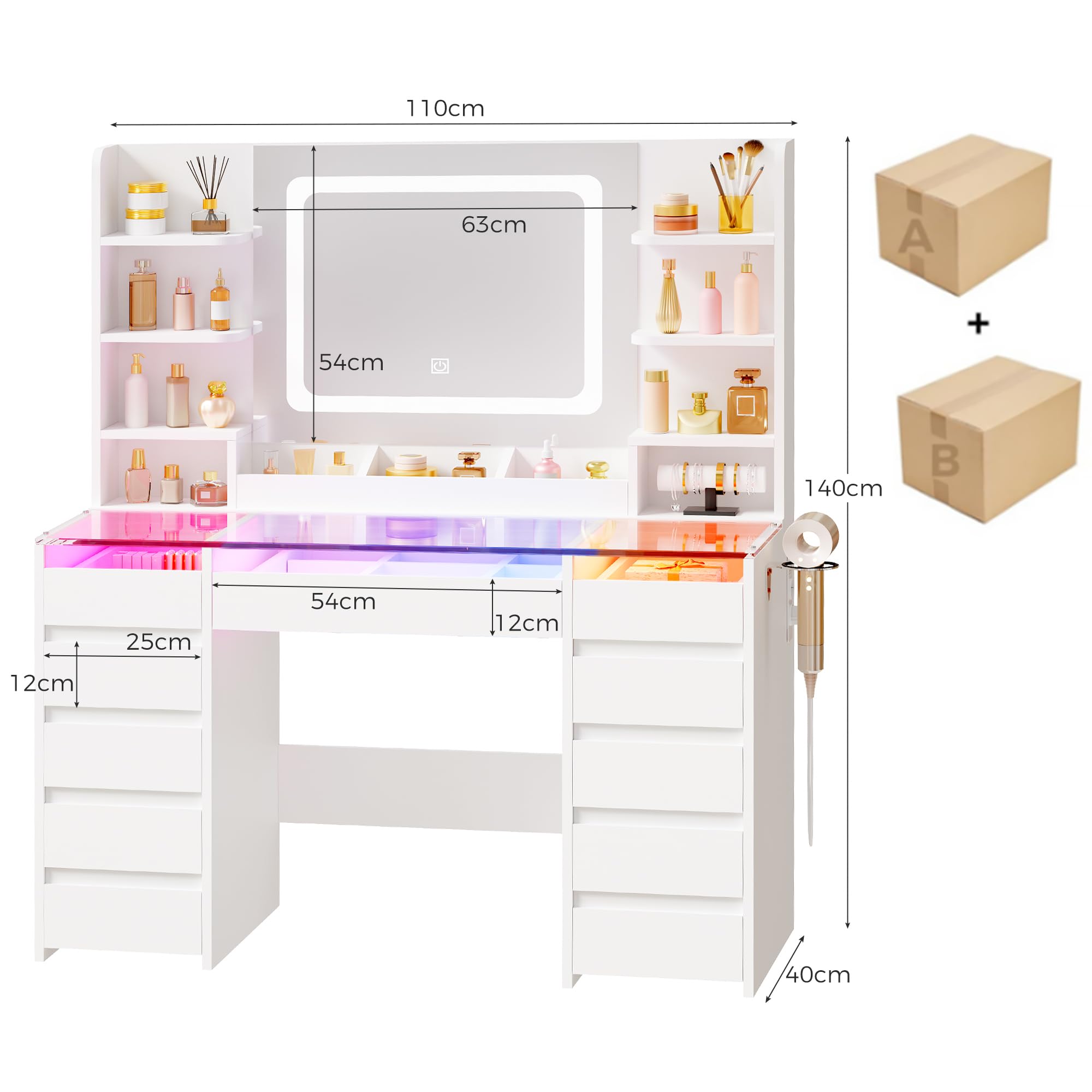 BEWISHOME Coiffeuse avec Miroir LED et Éclairage RGB, Coiffeuse avec Plateau en Verre, 11 tiroirs RGB, 6 Étagères, Table de Maquillage avec Pris, Grande Coiffeuse Moderne pour Chambre, Blanc EFST57W