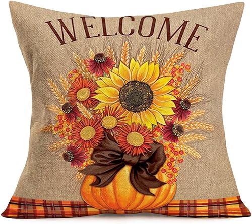 Fundas de almohada de otoño, diseño vintage de margaritas de girasol con trigo dorado en una botella de calabaza, funda de almohada de lino de