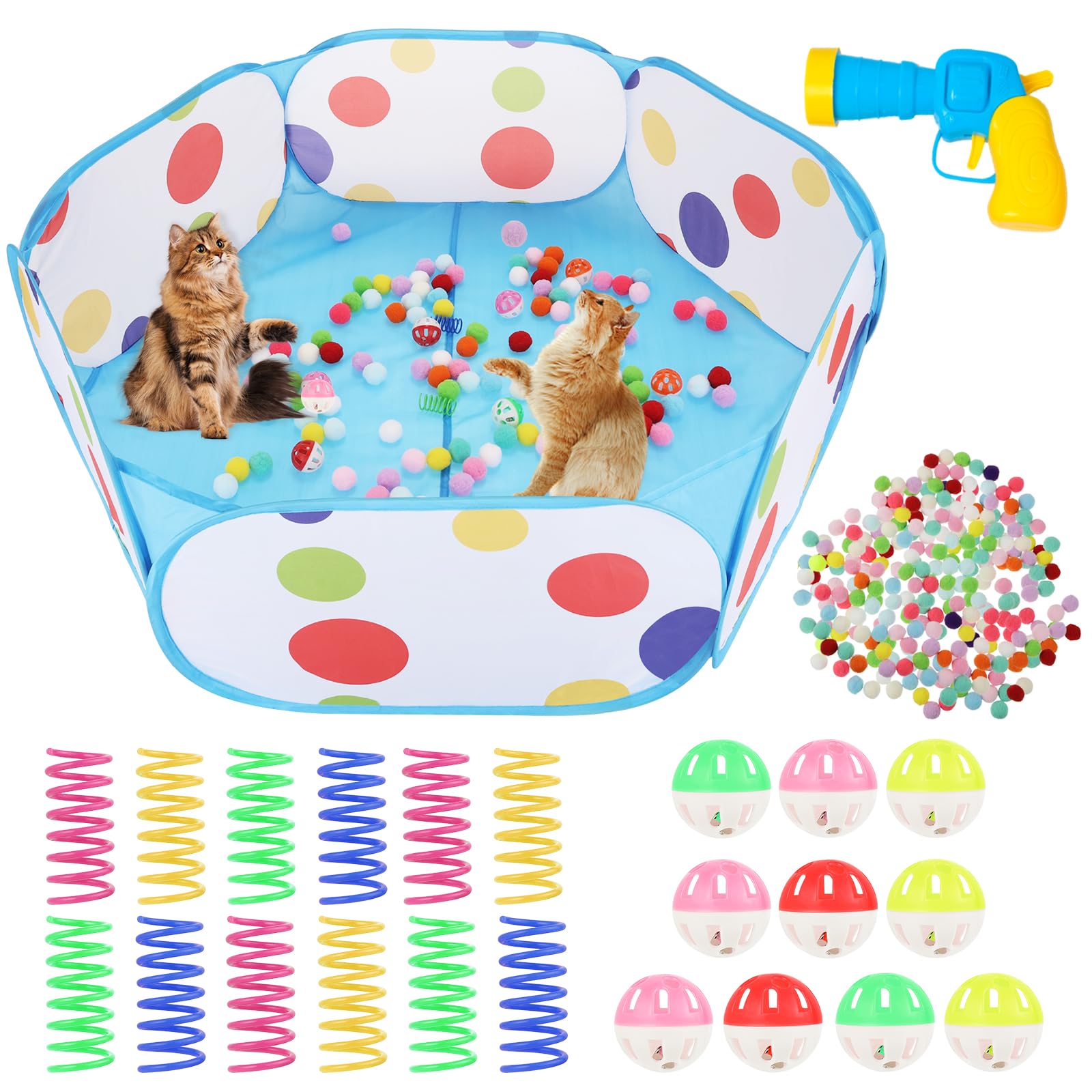 YEXEXINM Cat Ball Pit, Cats Play Tent with 200 Cat Toy Balls 10 Bell Balls 12 Spring Toys and 1 Ball Toy Shooter Interactive Cats Toys for Playing, Teeth Grinding, Chewing, Training, Blue