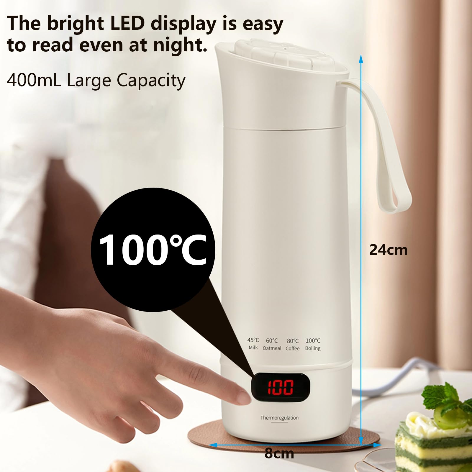 Hervidor eléctrico de viaje pequeño 400 ml, hervidor de agua pequeño de viaje, agua de cocción rápida con ajuste de temperatura, apagado automático, temperatura constante, para té, café, leche de bebé
