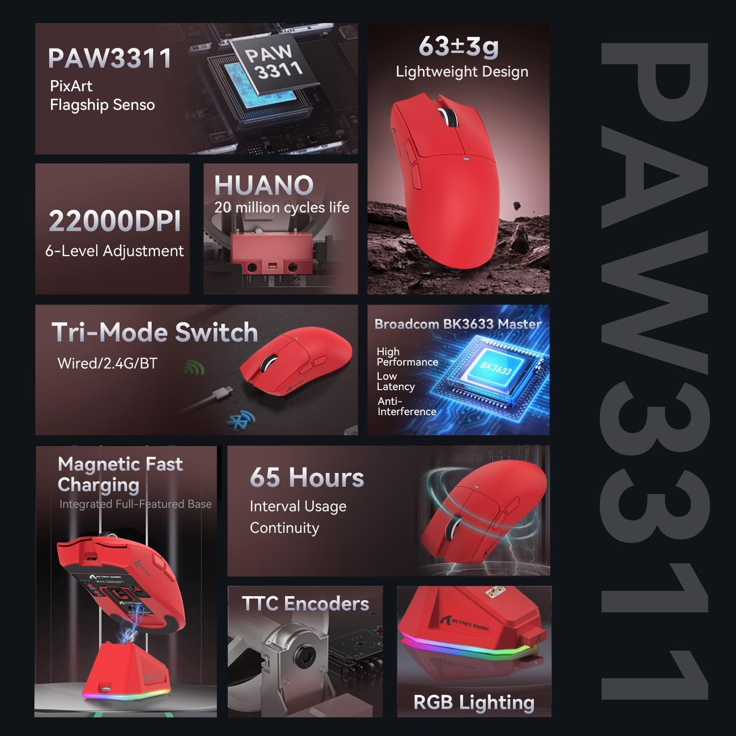 ATTACK SHARK X11 Ultra Hafif Üçlü Modu Oyun Faresi PAW3311 Optik