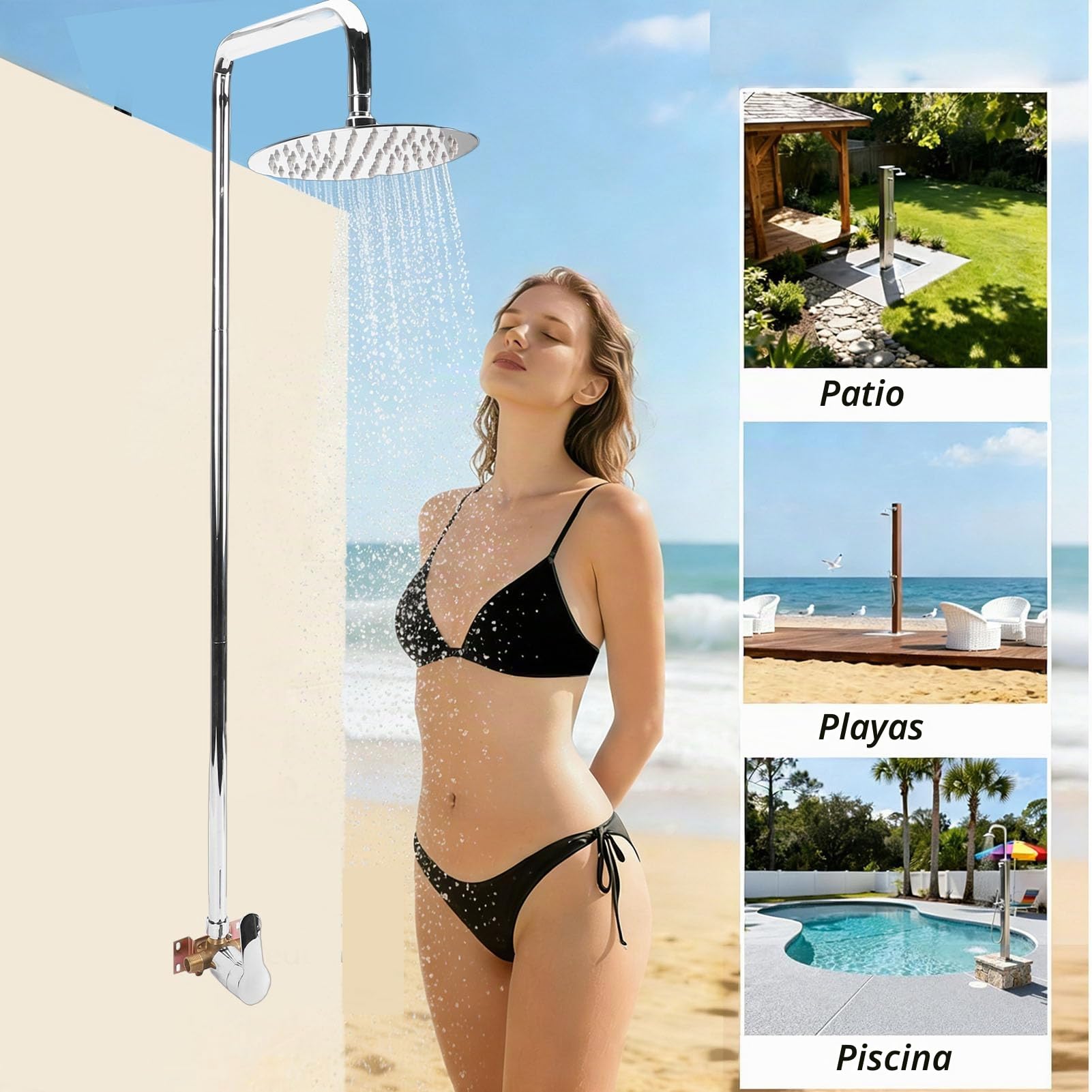 Luocute Kit de Ducha para Exteriores, Cabezal de Ducha Tipo Lluvia de Acero Inoxidable 304 con Manija única y Acabado Galvanizado, Cabezal de Redondo para Patio, Piscina, Playa