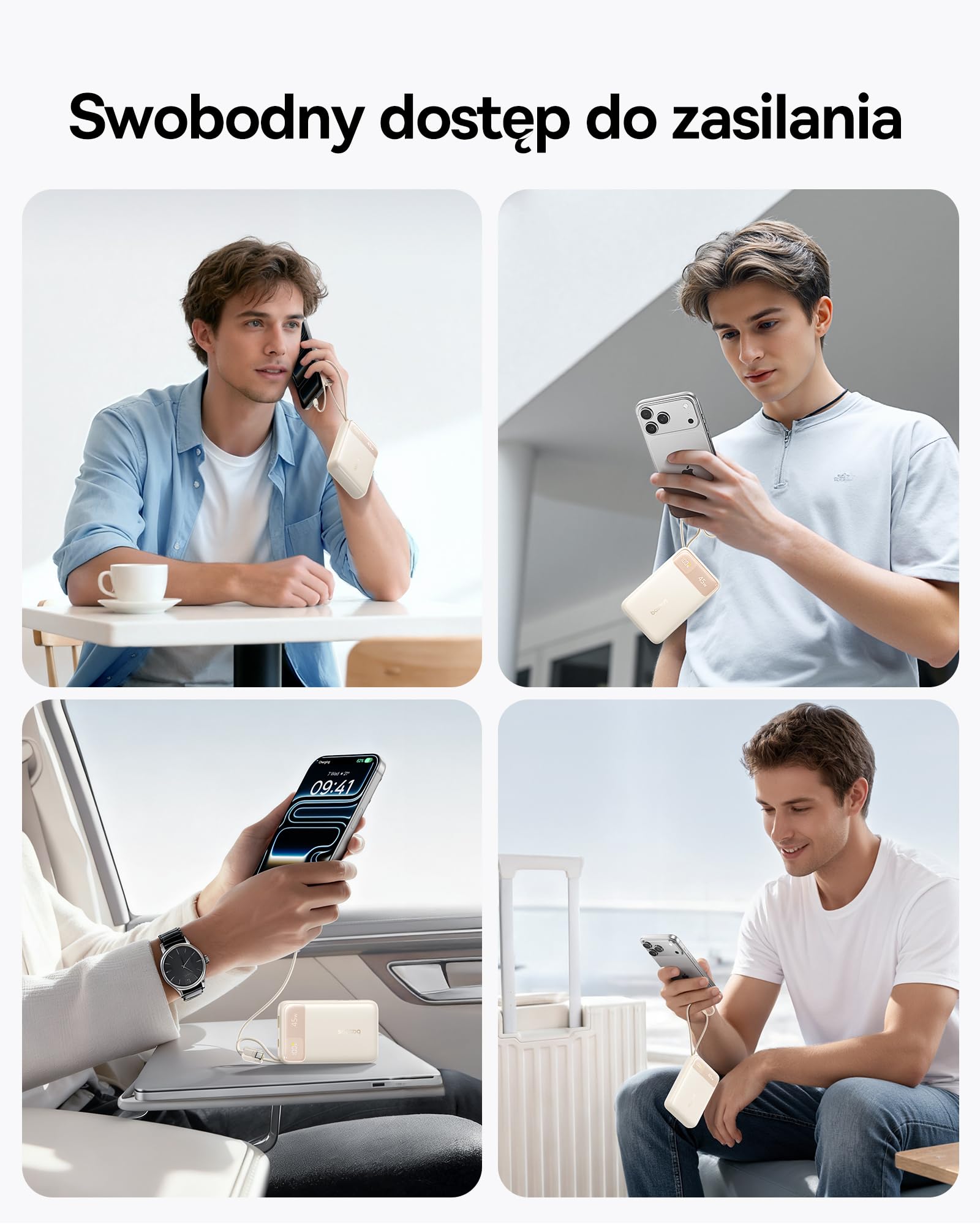 Baseus FC11 Power Bank 45 W 20000 mAh przenośna ładowarka z podwójnym wbudowanym kablem, mały powerbank CCC z inteligentnym wyświetlaczem, zwijany kabel, akumulator do iPhone'a 17/16, iPada, laptopa