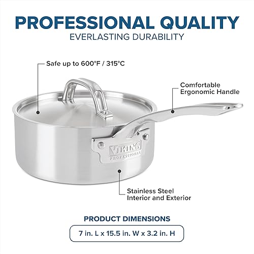 Miniatura 4 de Viking Culinary Professional - Cacerola de acero inoxidable de 5 capas, 2 cuartos de galón, incluye tapa, lavavajillas, apta para horno, funciona en