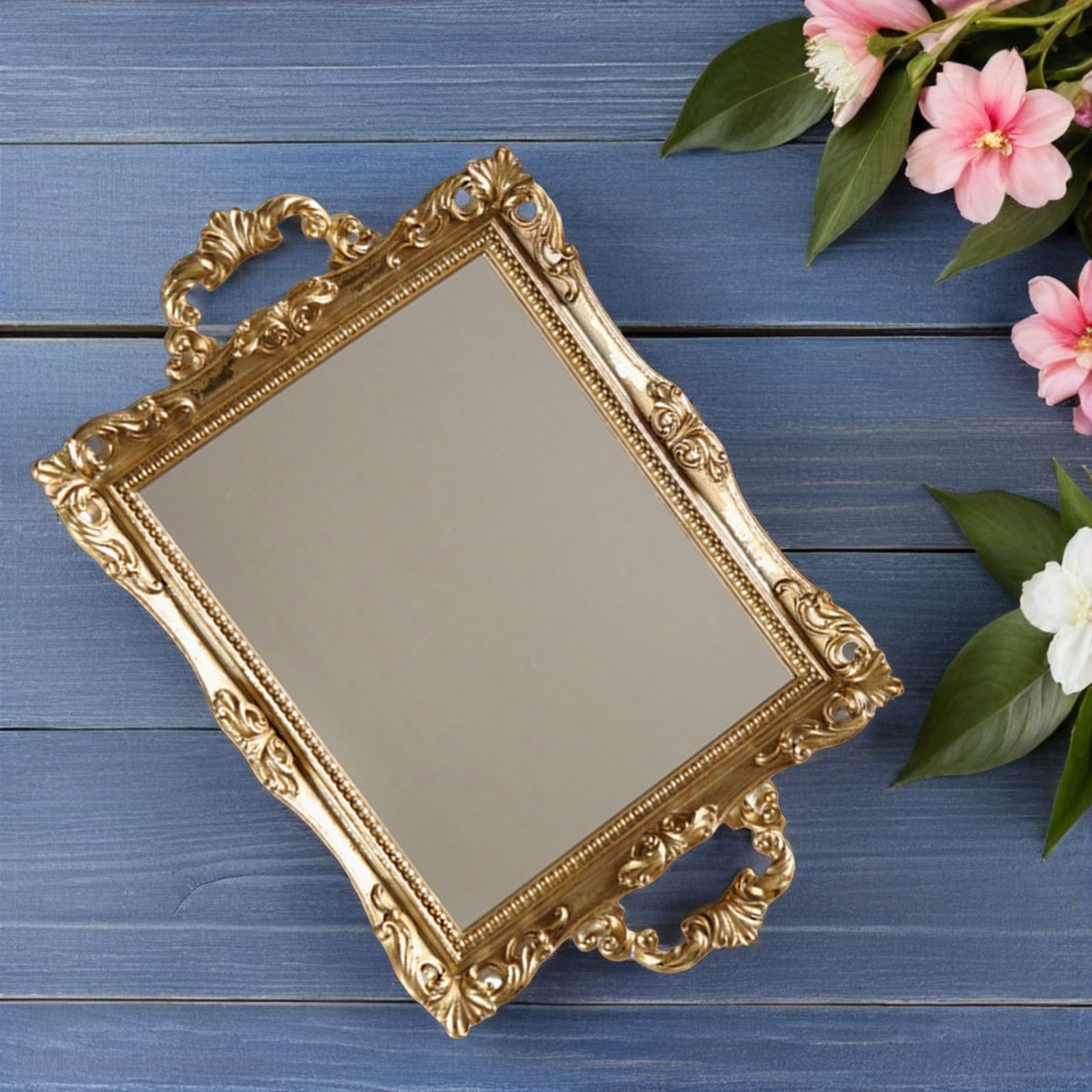 Centrotavola Moderno in Resina e Specchio Dorato, Vassoio Decorativo Piatto Stile Nordico Retrò per Esposizione Dolci e Frutta, per Matrimonio e Hotel
