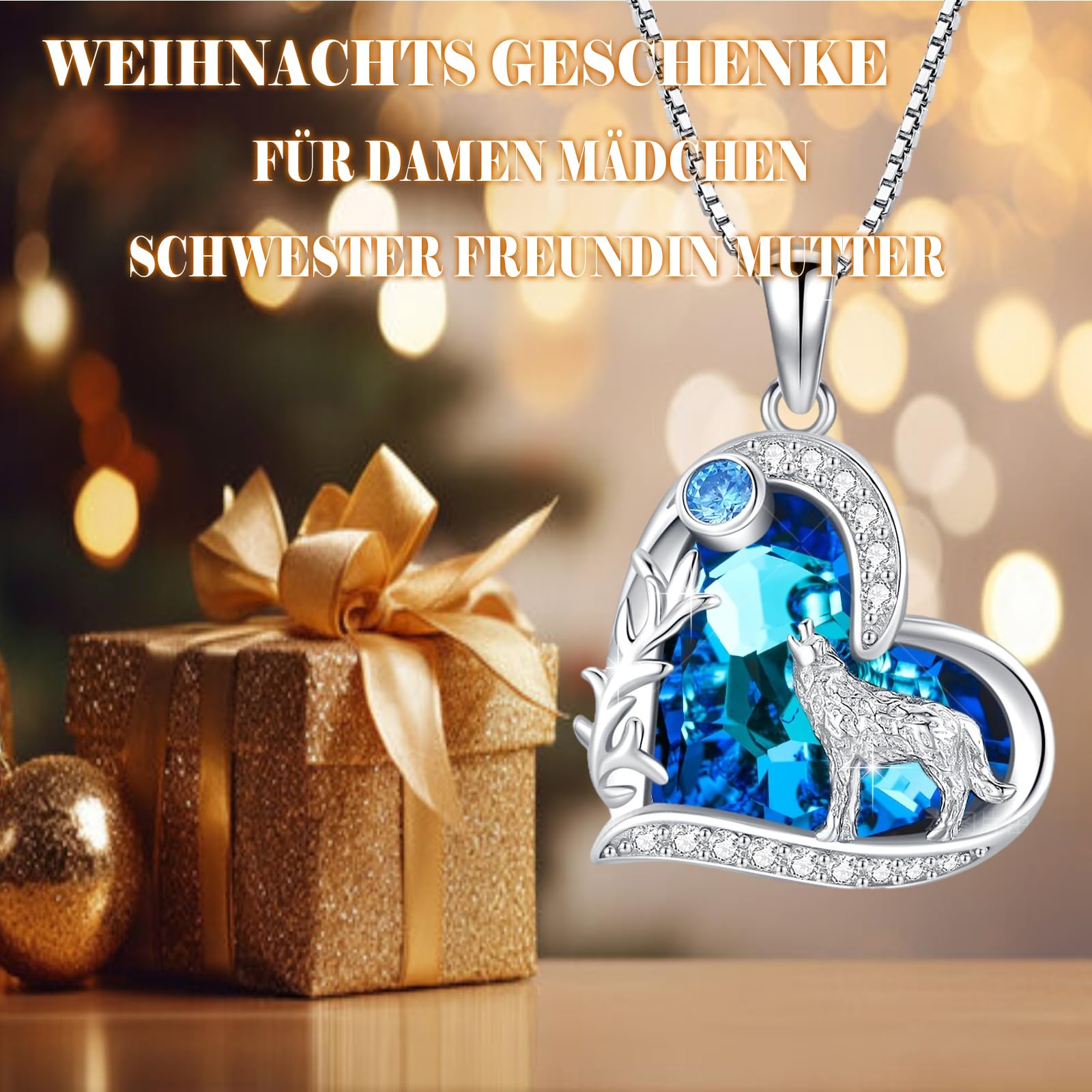 Wolf Kette Sterling Silber Liebesherz Wolf Kristall Halskette Wolf Anhänger Geschenke Weihnachts für Damen Teenager Mädchen（ Kette 18 Zoll + 2 Zoll ）