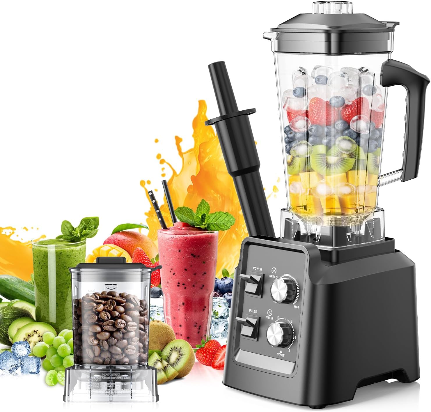 Blender, 68Oz. Countertop Blenders with 20Oz. Grinder, 28000 RPM Kitchen Blender for Smoothies, Ice Crushing, Frozen Fruits, Self-Cleaning, Speed Adjustable, Black