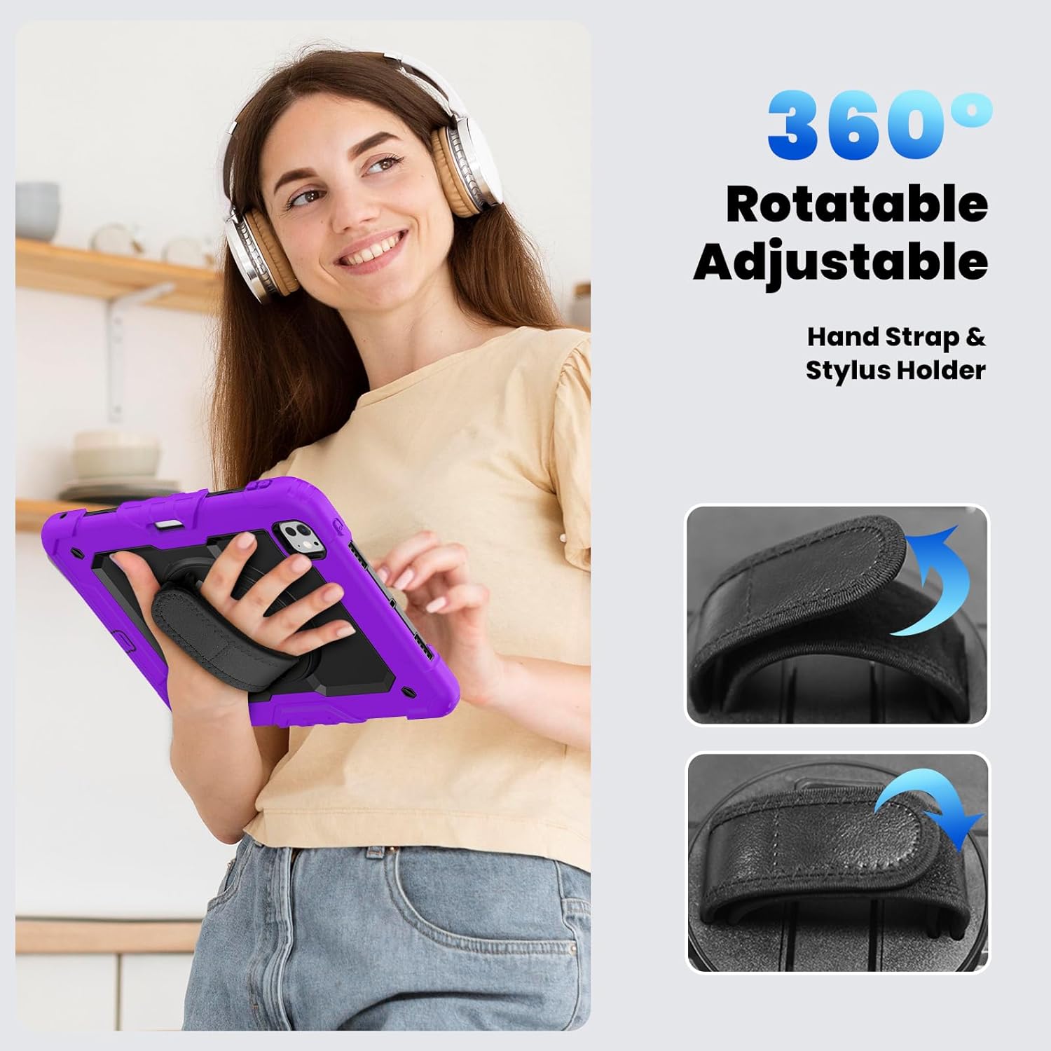 Case for iPad Pro 11 inch 2024 M4(5th Generation) with Screen Protector,Heavy Duty Shockproof Protective Tablet Case Cover with Pencil Holder,360°Rotating Stand,Hand/Shoulder Strap,Purple
