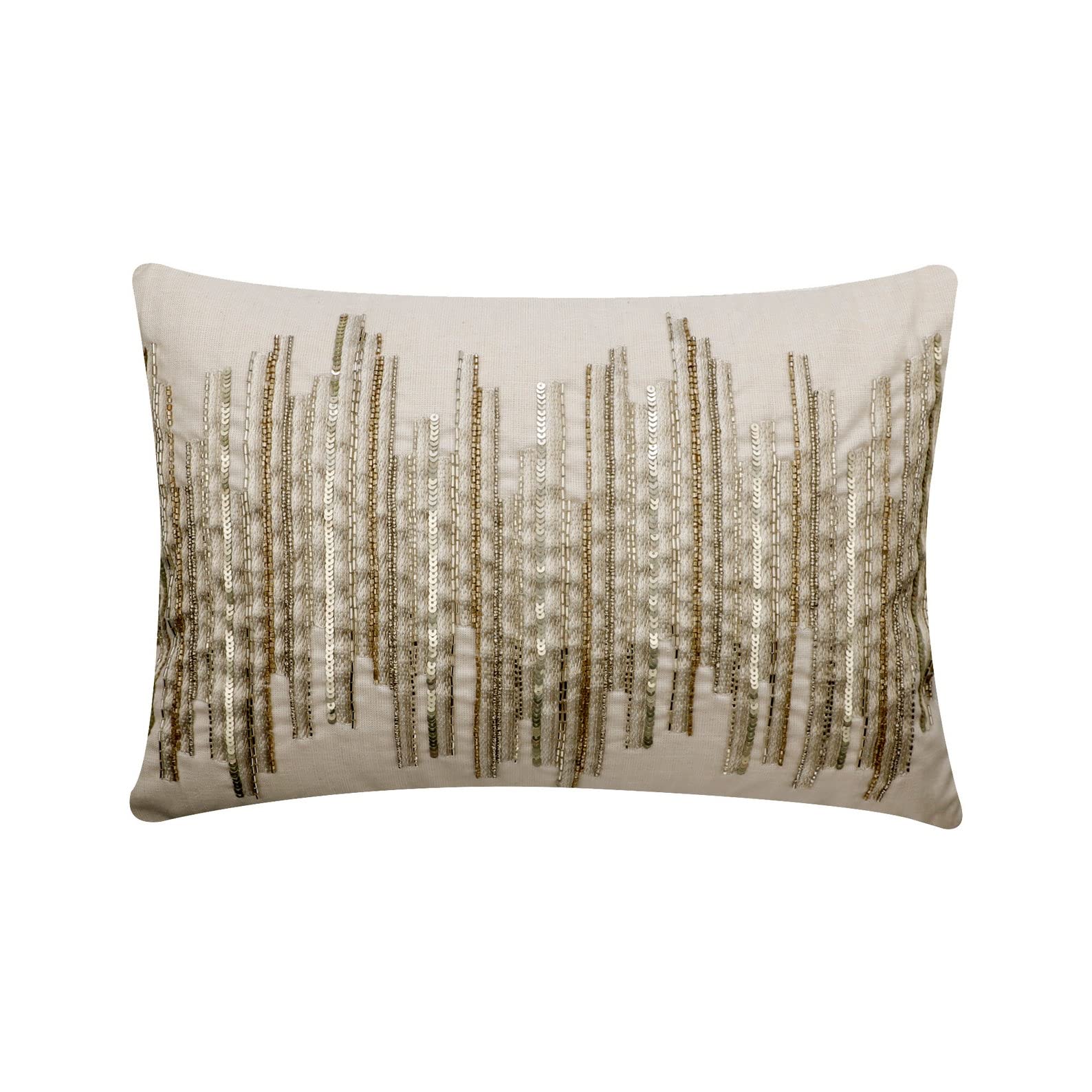 The HomeCentric Decorative Ivory Pack of 2, 30x40 cm (12"x16") Lumbar Cushion Covers, Silk Embroidery, Sequins Beaded Lumbar Cushion Covers, Striped Pattern Modern Style - Ivory Rules