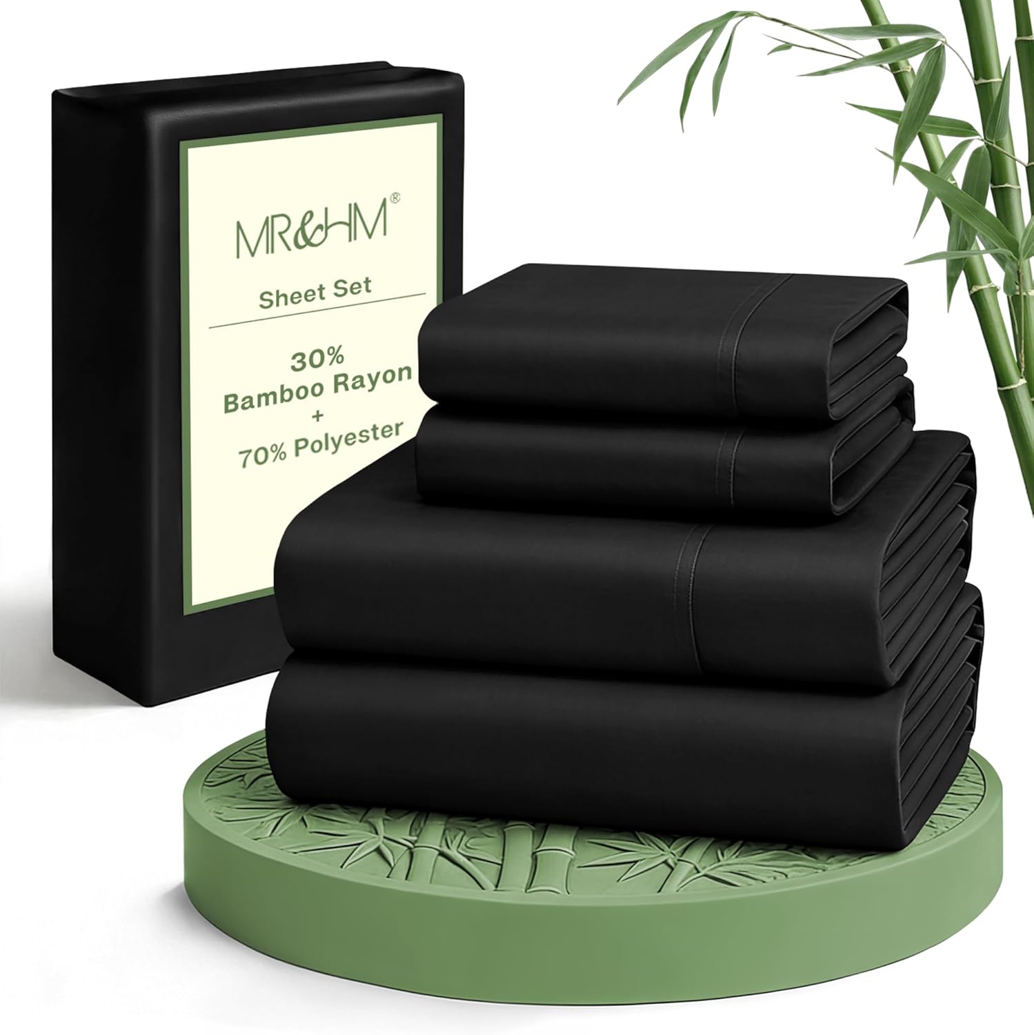 MR&HM King Size Sheets Set, 4-Piece Cooling Sheets, Rayon Derived from Bamboo & Polyester Blend, Soft & Silky, 15" Deep Pockets with Elastic Straps, Hotel Luxury for Hot Sleepers, Black