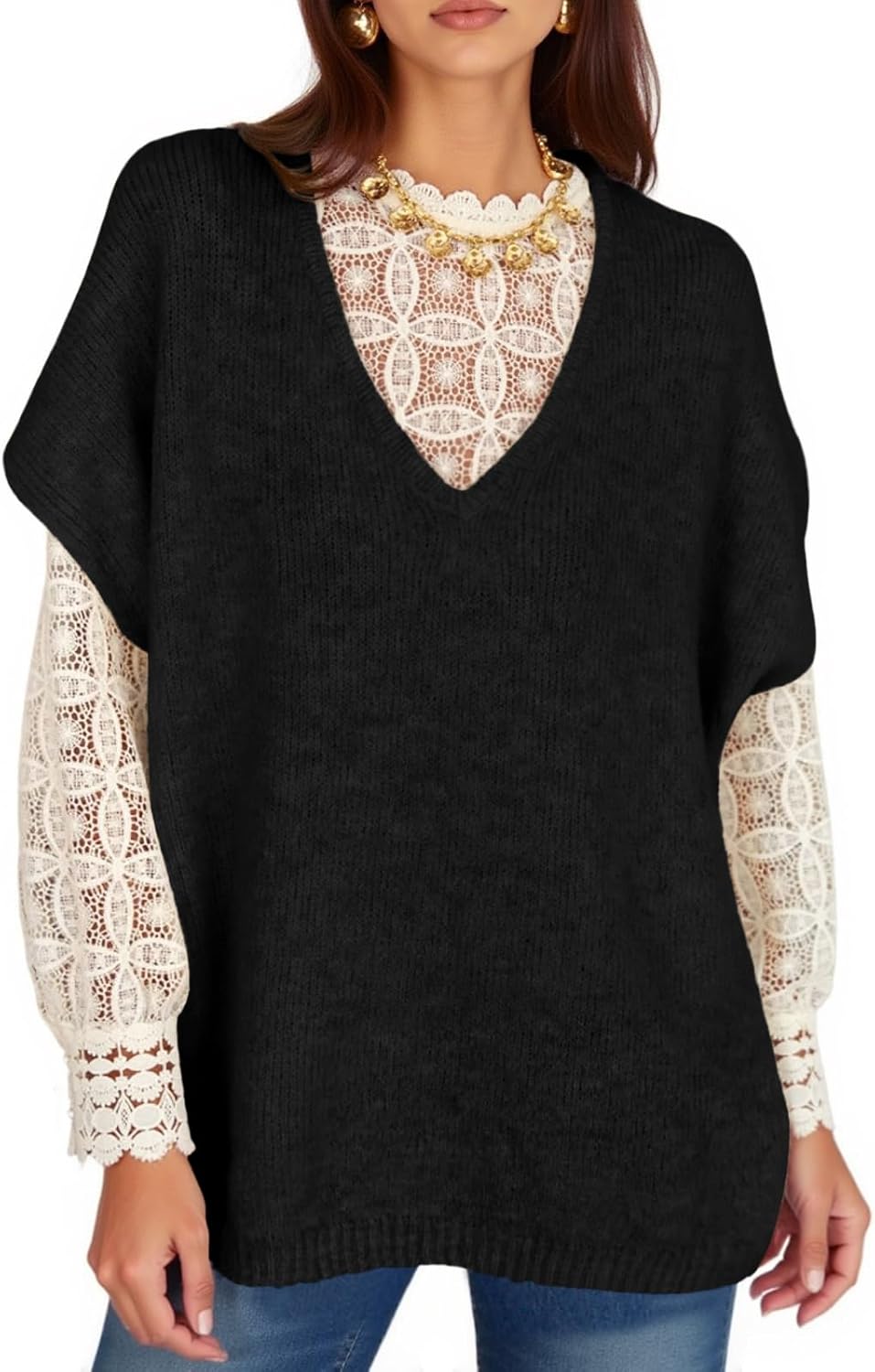 Yousify Womens Oversized Sweater Vest Batwing Short Sleeve V Neck Knit Tops Casual Loose Fit Pullover