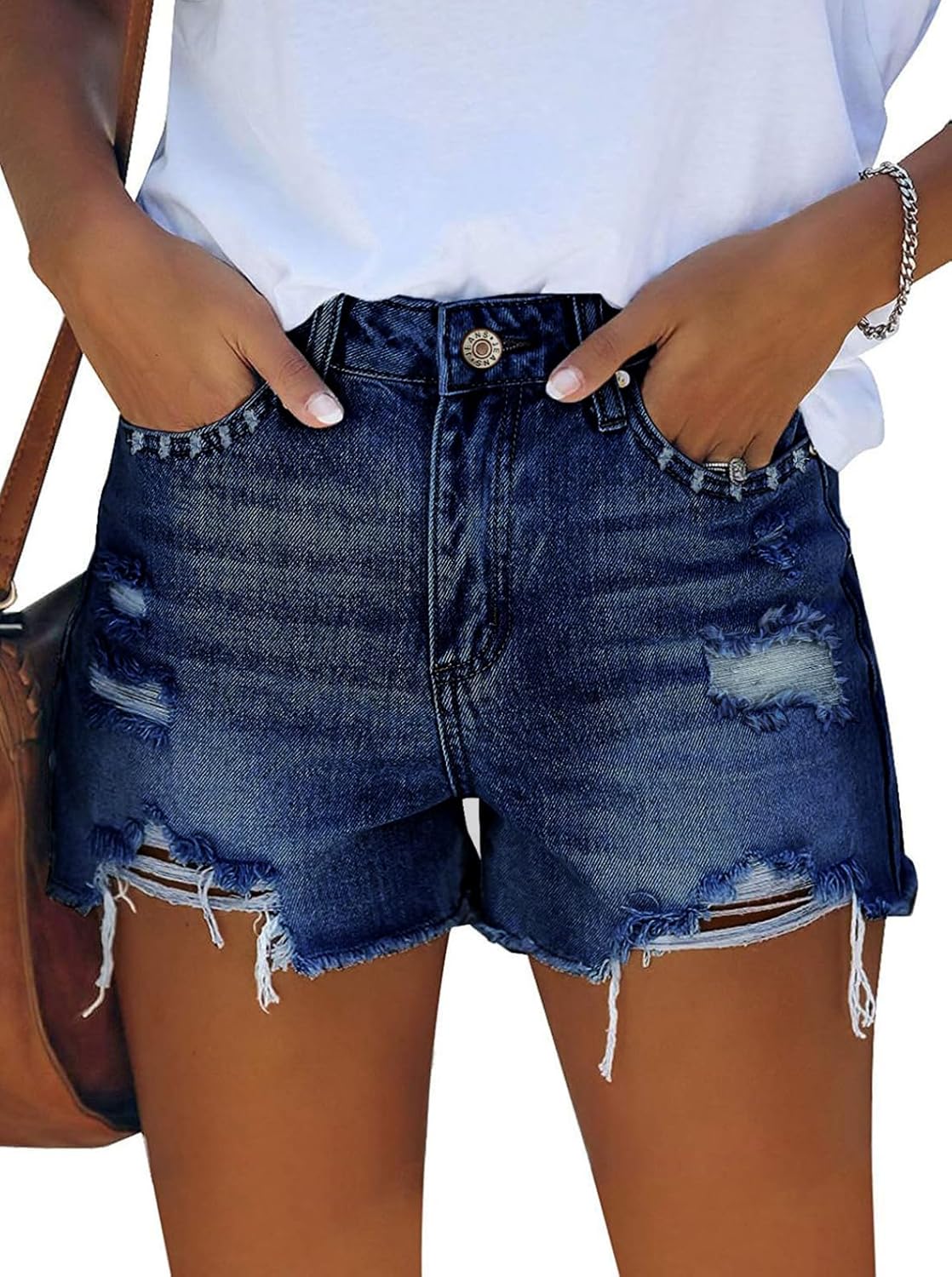 Pink Queen Women's High Waisted Denim Shorts Casual Ripped Summer Hot Short Jeans Frayed Distressed Jeans Shorts with Pockets