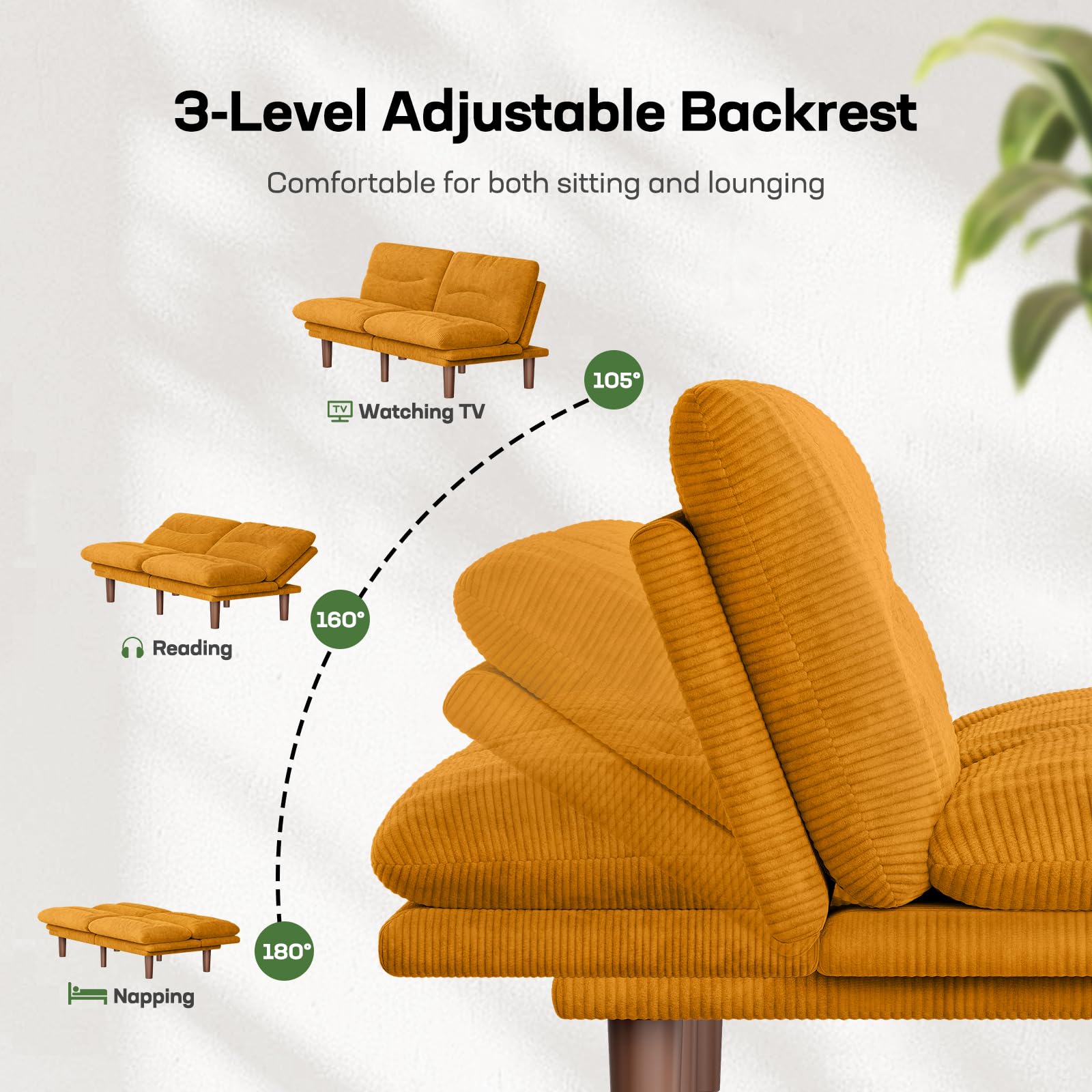 Marsail 66.02" Futon Sofa Bed, Convertible Corduroy Futon Couch with Adjustable Backrest & Armrests, Small Sleeper Sofa Loveseat for Living Room, Apartment, Office, Yellow
