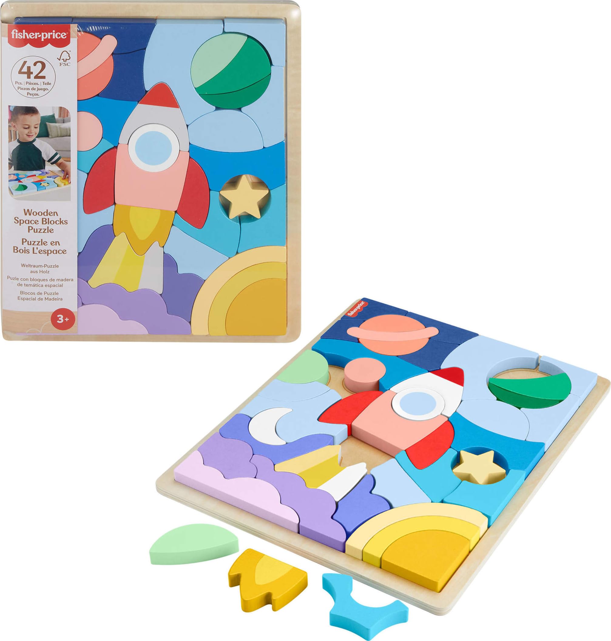 Fisher-Price Wood Preschool Toy Space Blocks Jigsaw Puzzle, 42 Wooden Pieces for Stacking & Sorting Play Kids Ages 3+ Years