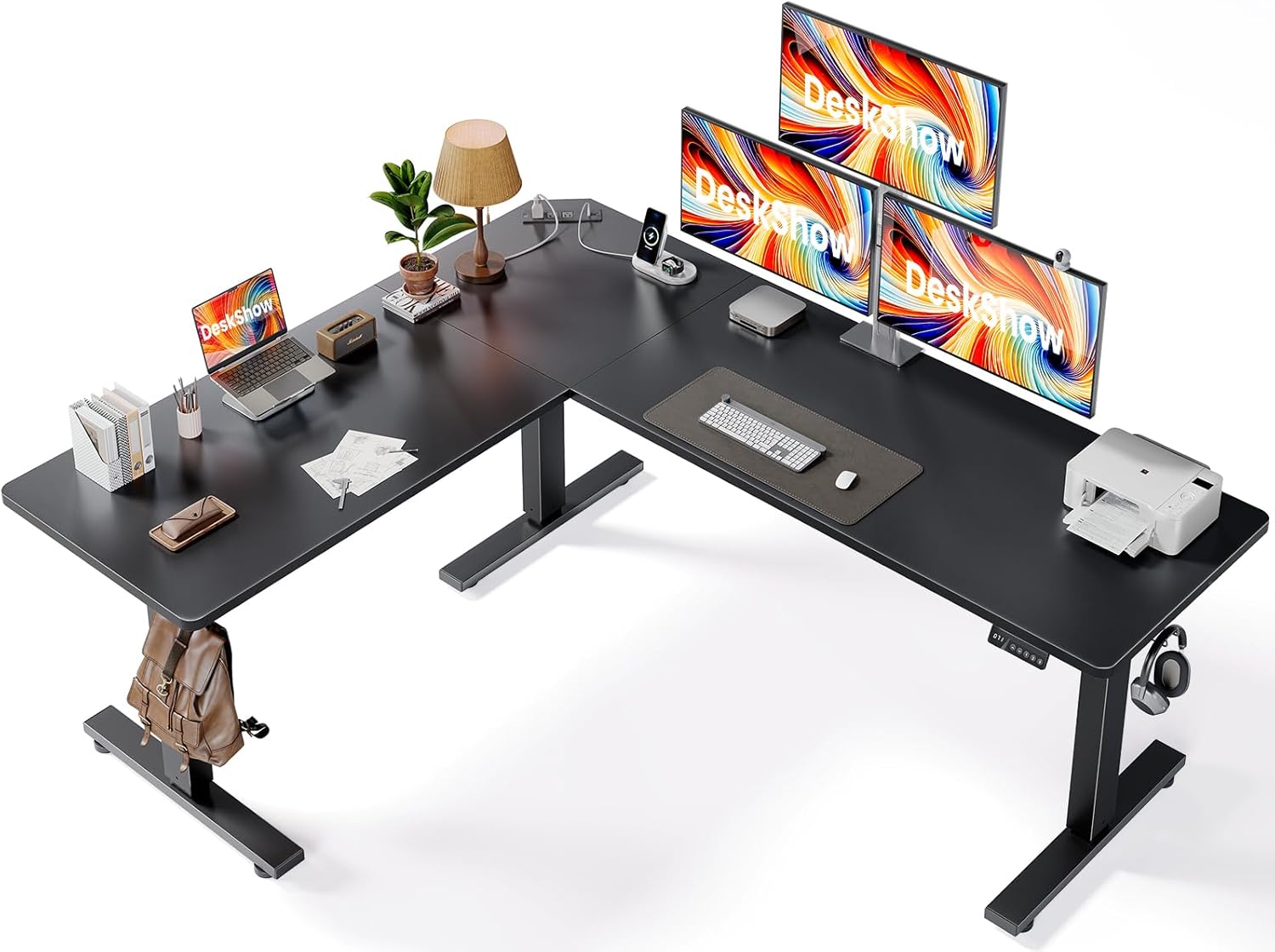 L-Shaped Standing Desk - 75 x 63 Inch Adjustable Corner Standing Desk with Charging Station - L Shape Sit Stand Table with Memory Controller, Splice Board for Home Office