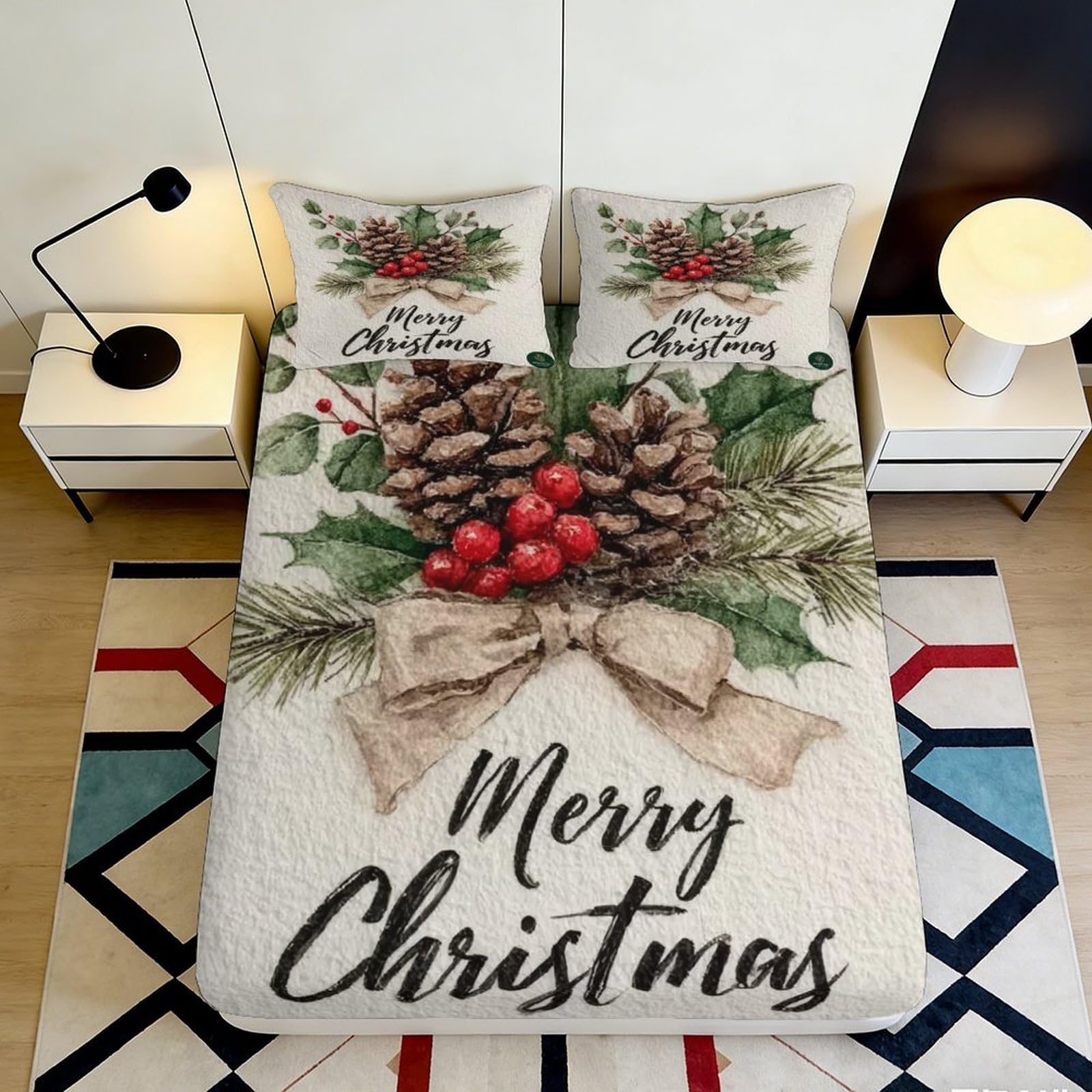 3D Printed Christmas Pinecone Fitted Sheet Microfiber Soft Breathable Holiday Bed Cover for Bedroom Dormitory Guest Room Mattress Protection Decor 200x200x25cm