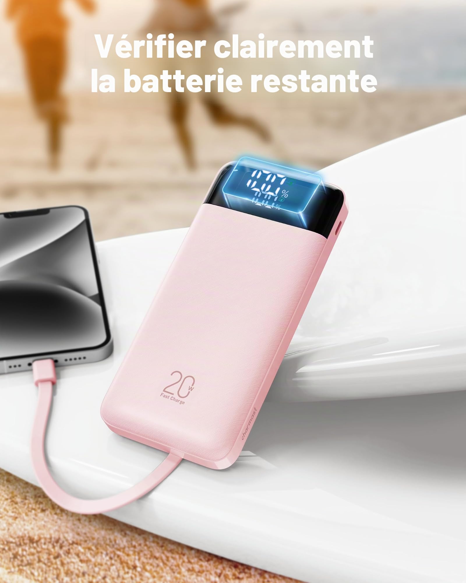Charmast Batterie Externe 20000mAh, 20W Power Bank Charge Rapide avec câbles intégrés, 5 Sorties et 4 Entrées Batterie Portable pour iPhone 14 13 12 11 Samsung S21 S22 (Rose)