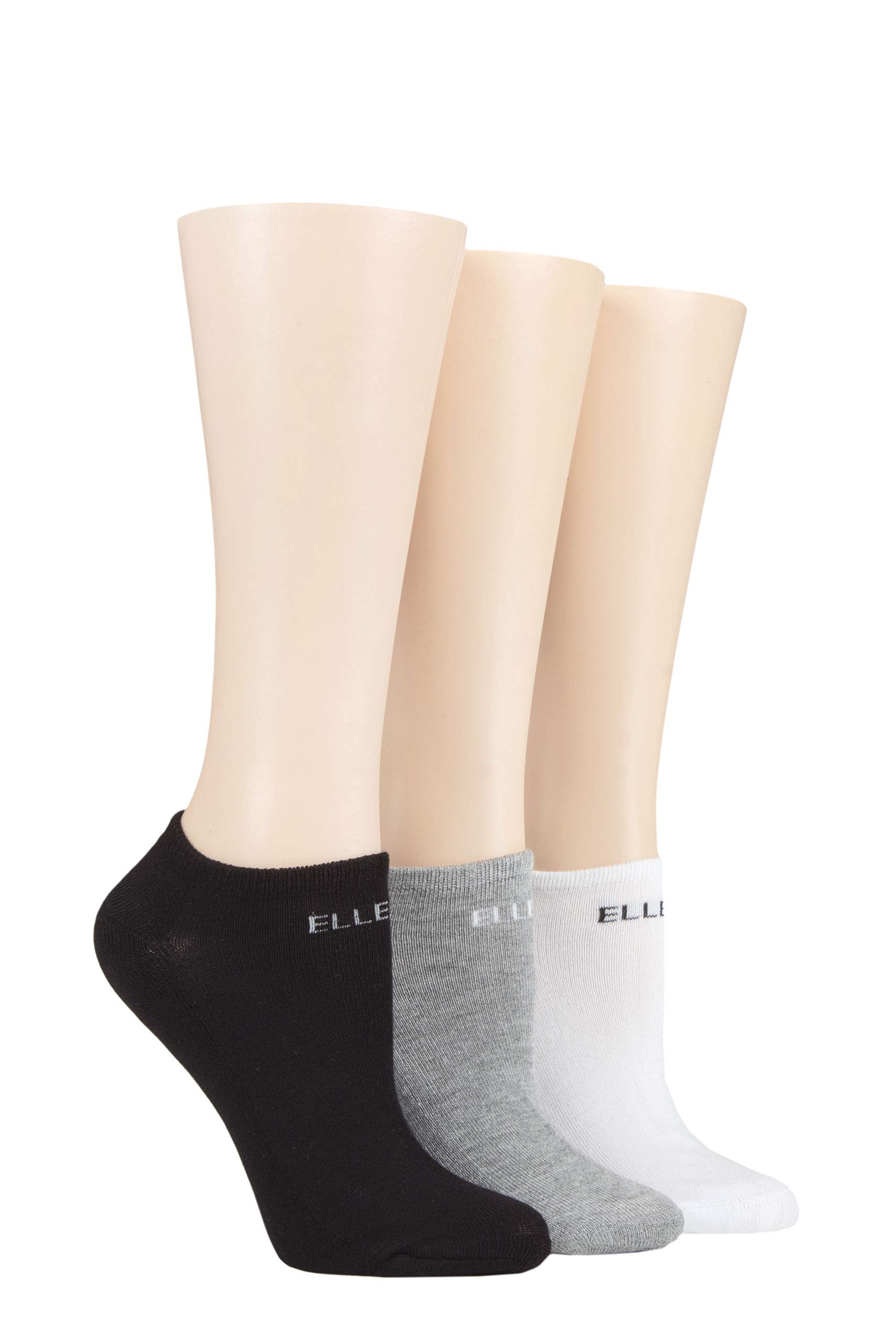 ELLE Cushioned No Show Socks - Ladies Soft Breathable Bamboo Invisible Low Cut Socks Multipack of 3 Black/Grey/White Plains, 4-8