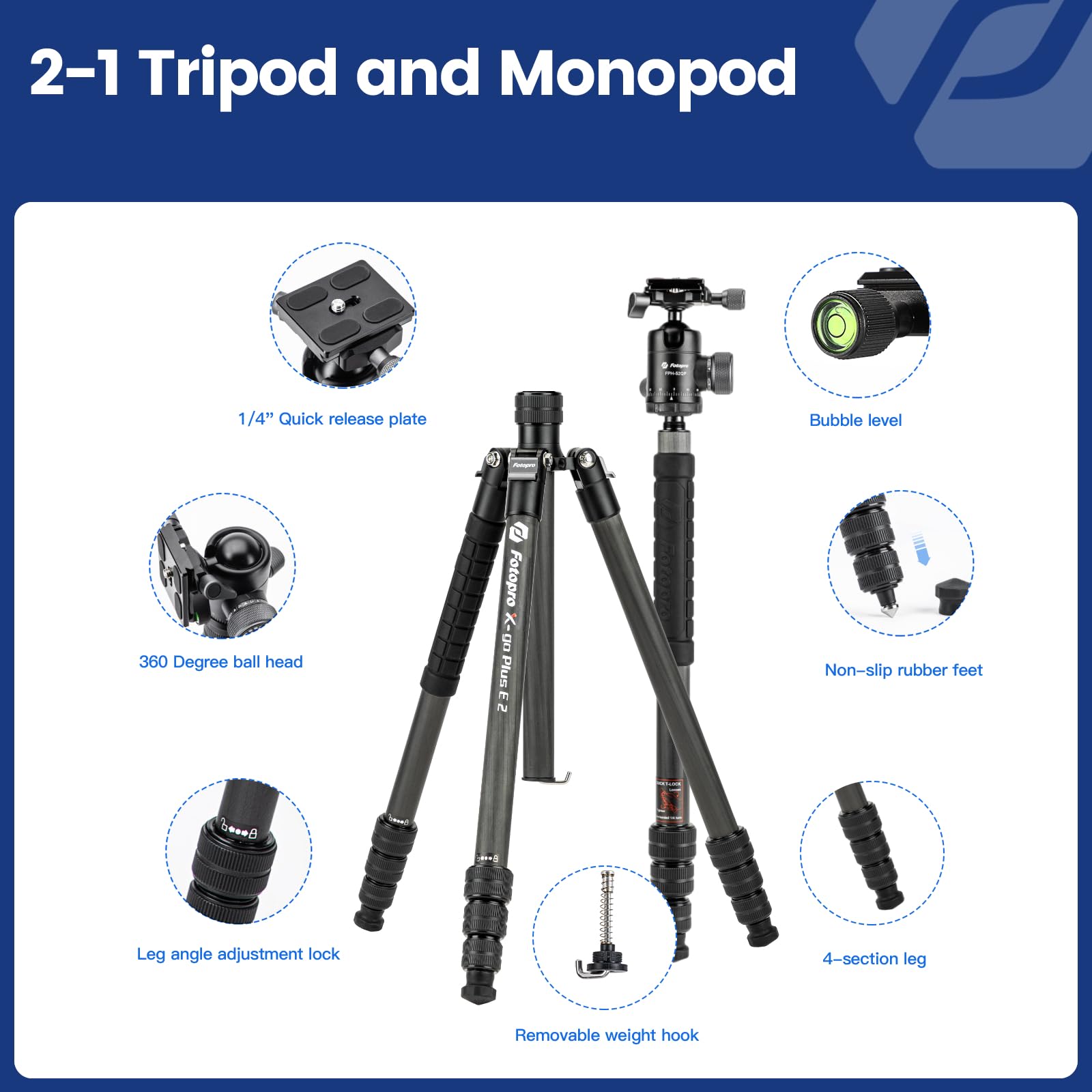 Fotopro Statyw z włókna węglowego 185 cm do aparatu, kompaktowy statyw podróżny z głowicą kulową, zdejmowany monopod z płytą szybkiego zwalniania i torbą na aparat, nośność do 10 kg, stojak