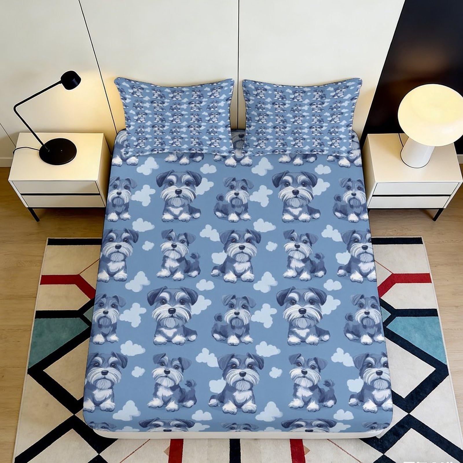 Pnayamiorkfel Style-2 3D Printed Schnauzer Dog Clouds Fitted Sheet Microfiber Soft Blue Bed Cover For Bedroom Guest Room Mattress Protection 90X200x25cm