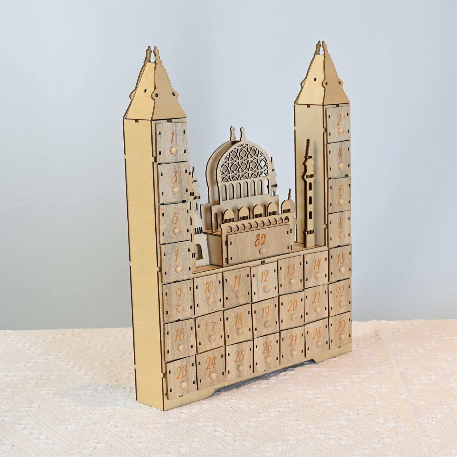 Calendario per conto alla rovescia dei castelli del Ramadan, con luce a LED e 30 cassetti, decorazioni per l'avvento in legno per feste islamiche