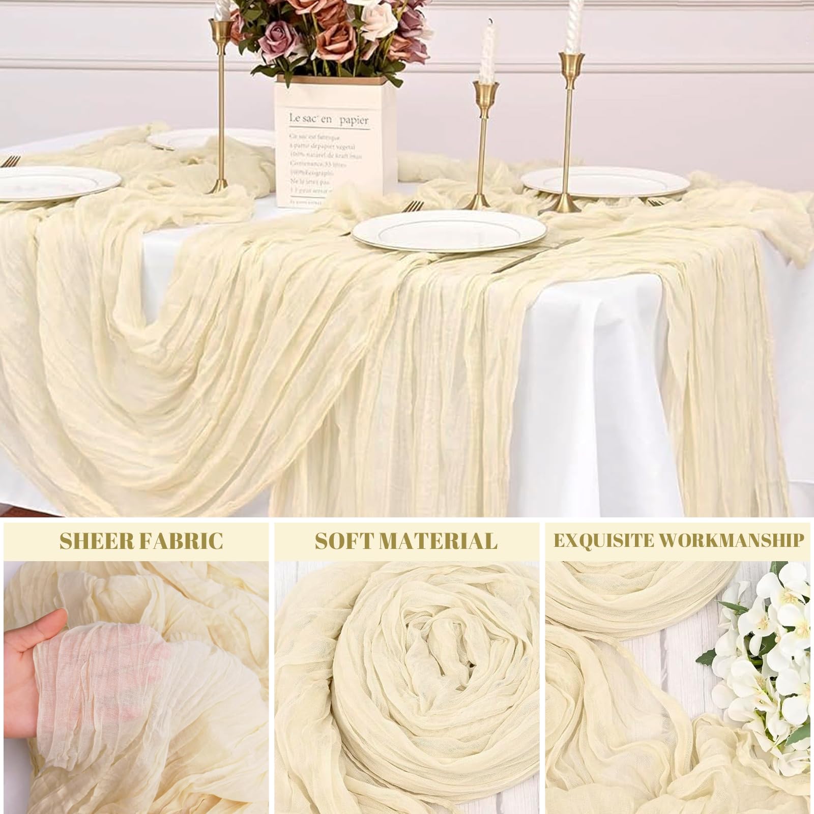 Runner Da Tavolo Boho Beige 300x90cm - In Garza Di Cotone Per Matrimoni E Feste - Foto 4
