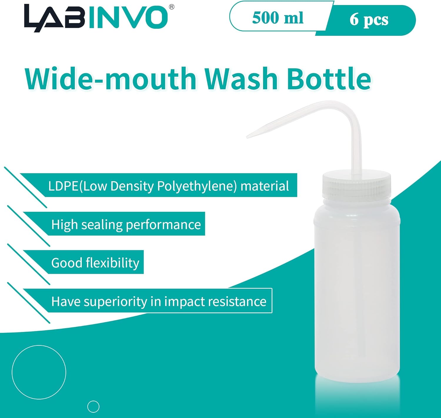 6pcs of Economy Wash Bottles, Vol.500ml (17oz), Wide-Mouth, Self-Venting Safety Wash Bottles, LDPE Material, IN-WBW500