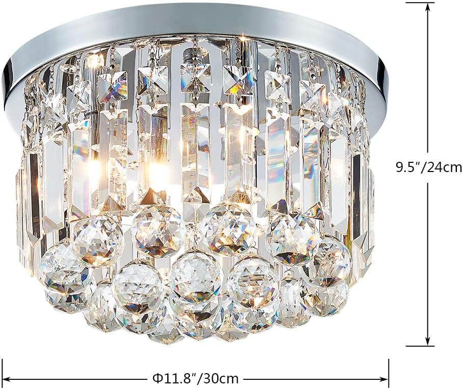 AGV LIGHTING 16061 K9 Crystal Flush Mount Ceiling Light Fixture, Close to Ceiling, Modern Design, 3-Lights, Perfect for Foyer, Living Room, D12 x H10, Chrome Finish