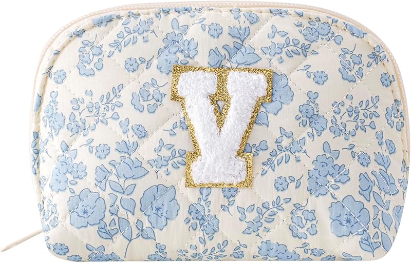 Necessaire WHHJM de Algodão Matelado com Zíper, Estampa Floral Azul Blue Floral V
