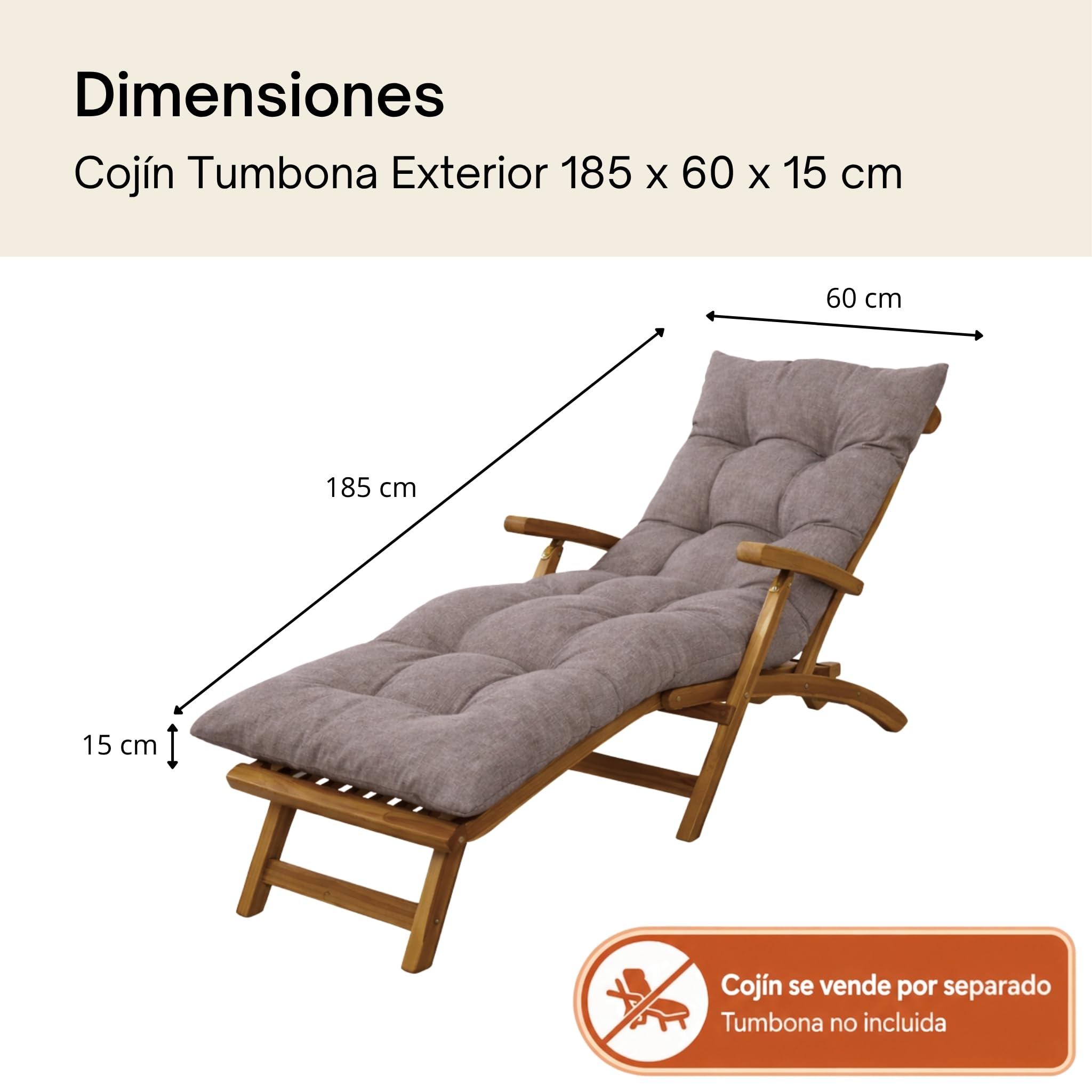 bananair – Cojín Tumbona Exterior para Silla de Jardín – Grueso, Súper Confortable y Acolchado – Fabricado en Francia – Colchoneta para Hamaca y Tumbona con Fijación Fácil (185x60x15 cm, Beige)