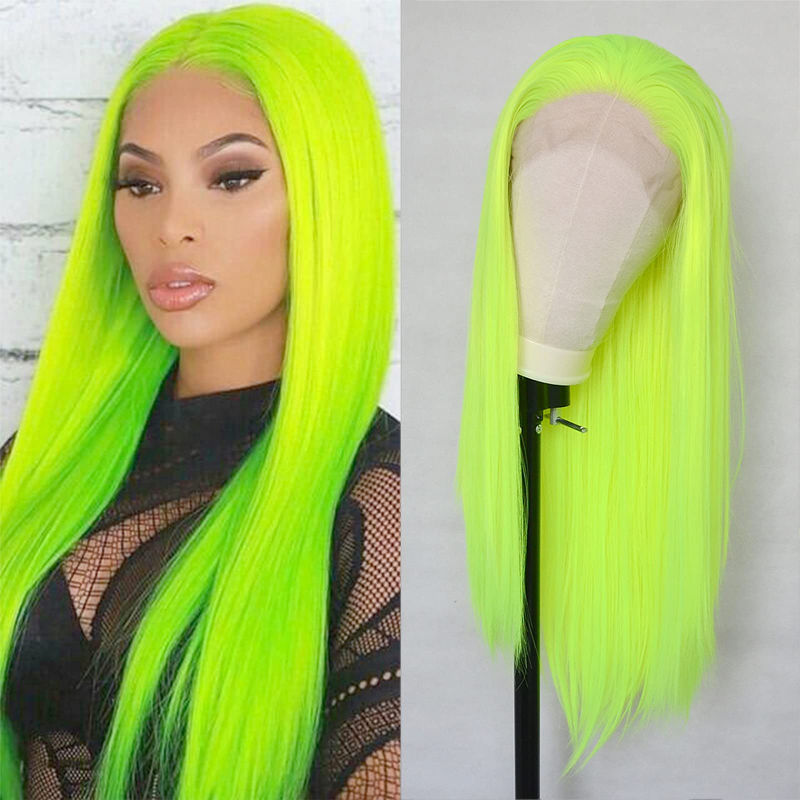 Luwigs Fluorescent Green Synthetic Lace Front Wigs Long Natural Straight Heat Resistant Replacement Wigs Bright Neon Yellow High Temperature Fiber
