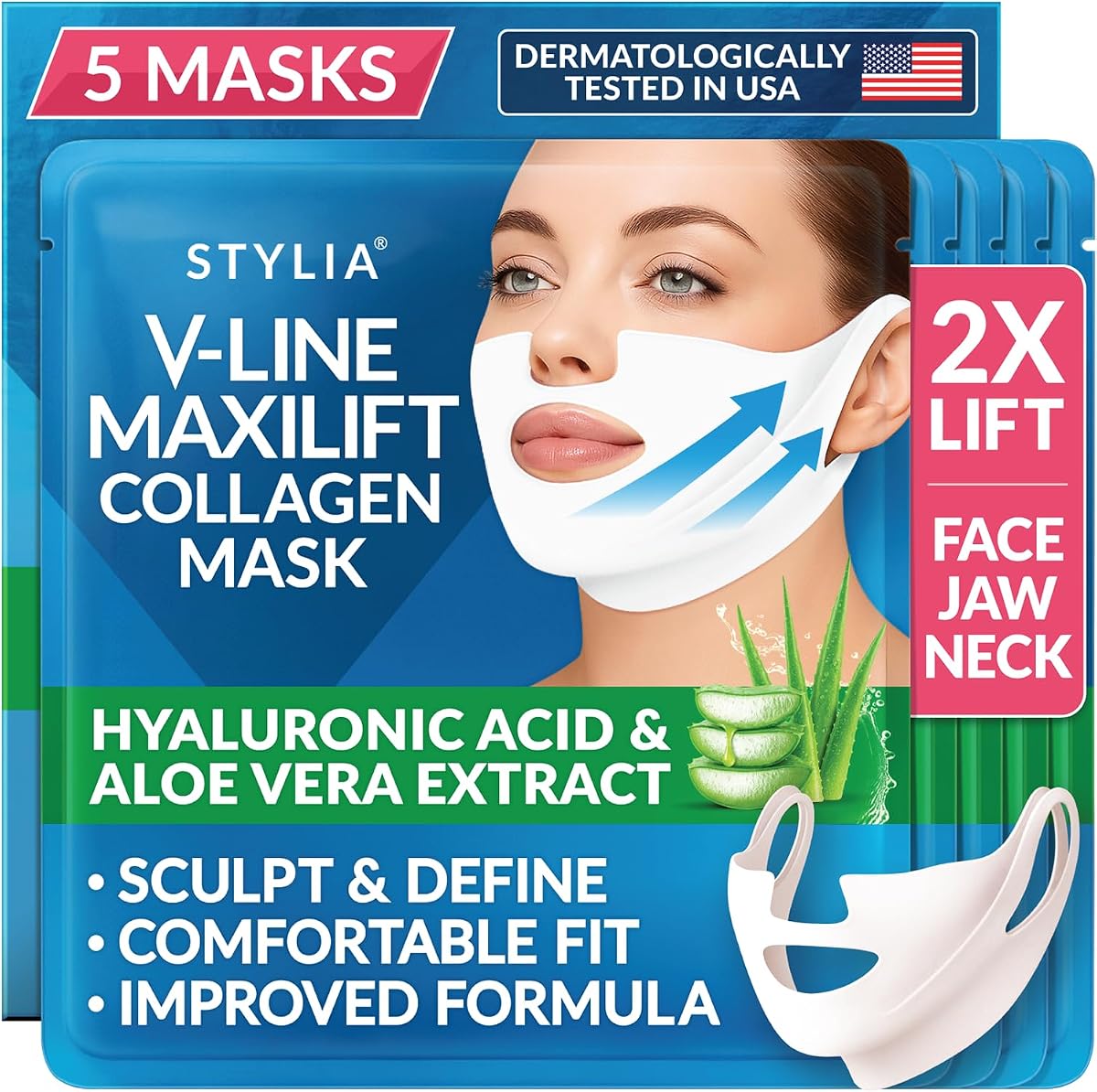 Stylia MaxiLift V-Line Mascarilla facial de colágeno lifting - Doble correa para la barbilla - Modelador de la línea de la mandíbula - Mascarilla reafirmante y tensora del cuello con ácido hialurónico y aloe vera - Correa para la barbilla para dormir (5 unidades)