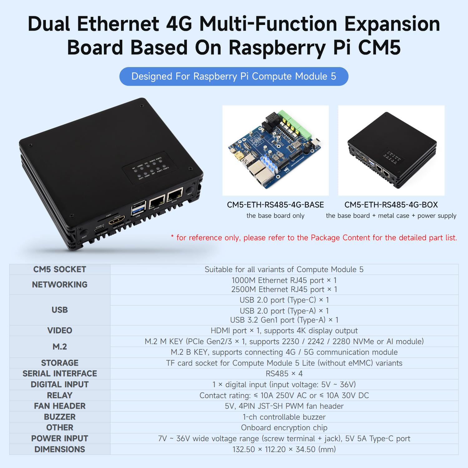 Waveshare Gigabit/2.5G Dual Ethernet Multi-Function Expansion Board Based on Raspberry Pi CM5 (NOT Included),RS485, 4G/5G Module and 4K Display Output, Board Only