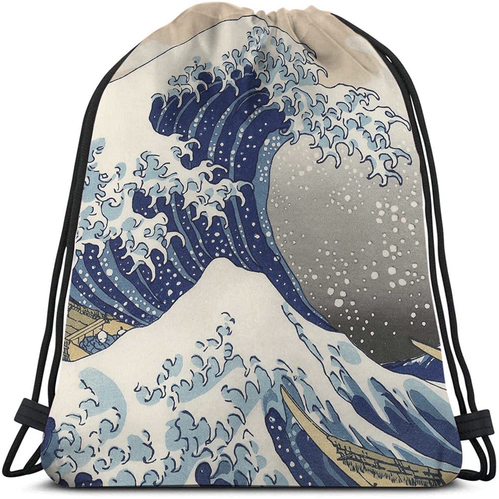 Japanese Style Wave Drawstring Backpack Bag The Great Wave Off Kanagawa Ocean Series Strong Power Magic Sport Gym Sack Drawstring Bag String Bag Yoga Bag for Men Women