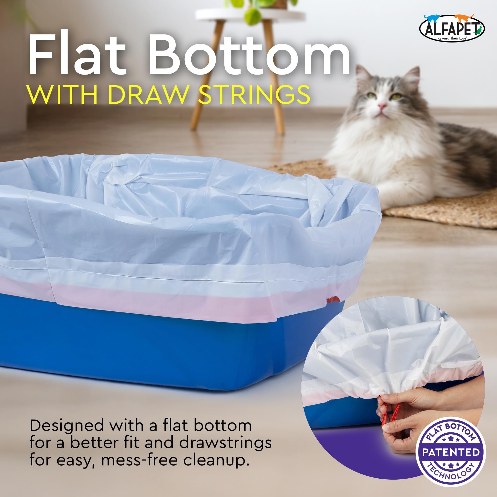 Alfapet Bolsas de arena para gatos de fondo plano, paquete de 10 bolsas de arena súper resistentes con cordón para caca y residuos líquidos, diseño jumbo para sartenes extra grandes para gatos