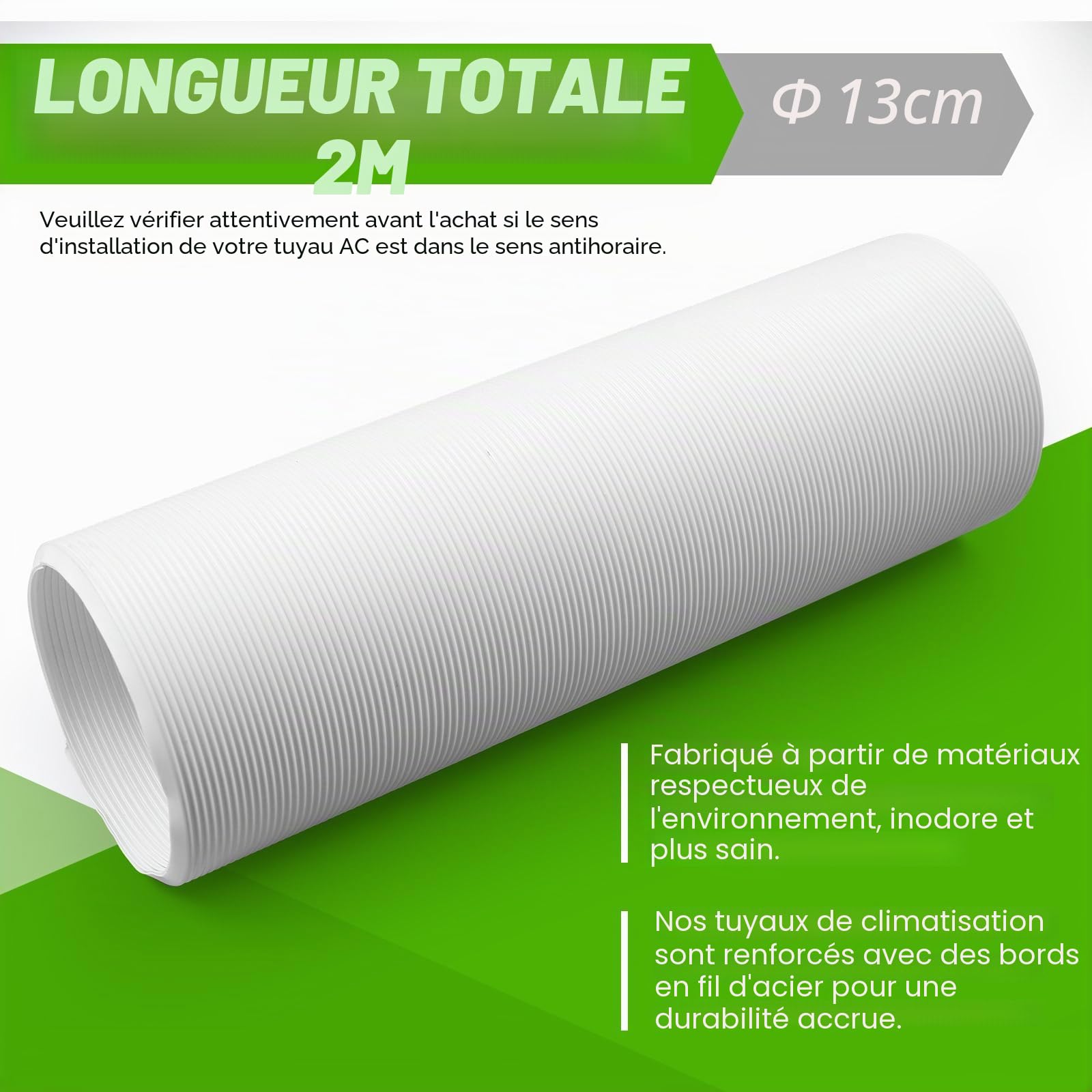 MaxAwe Tuyau de climatisation Ø 130 mm - Longueur : 2 m - Tuyau d'évacuation d'air de climatisation flexible - Tuyau d'évacuation d'air CA pour sèche-linge, hotte aspirante, climatisation, rotation