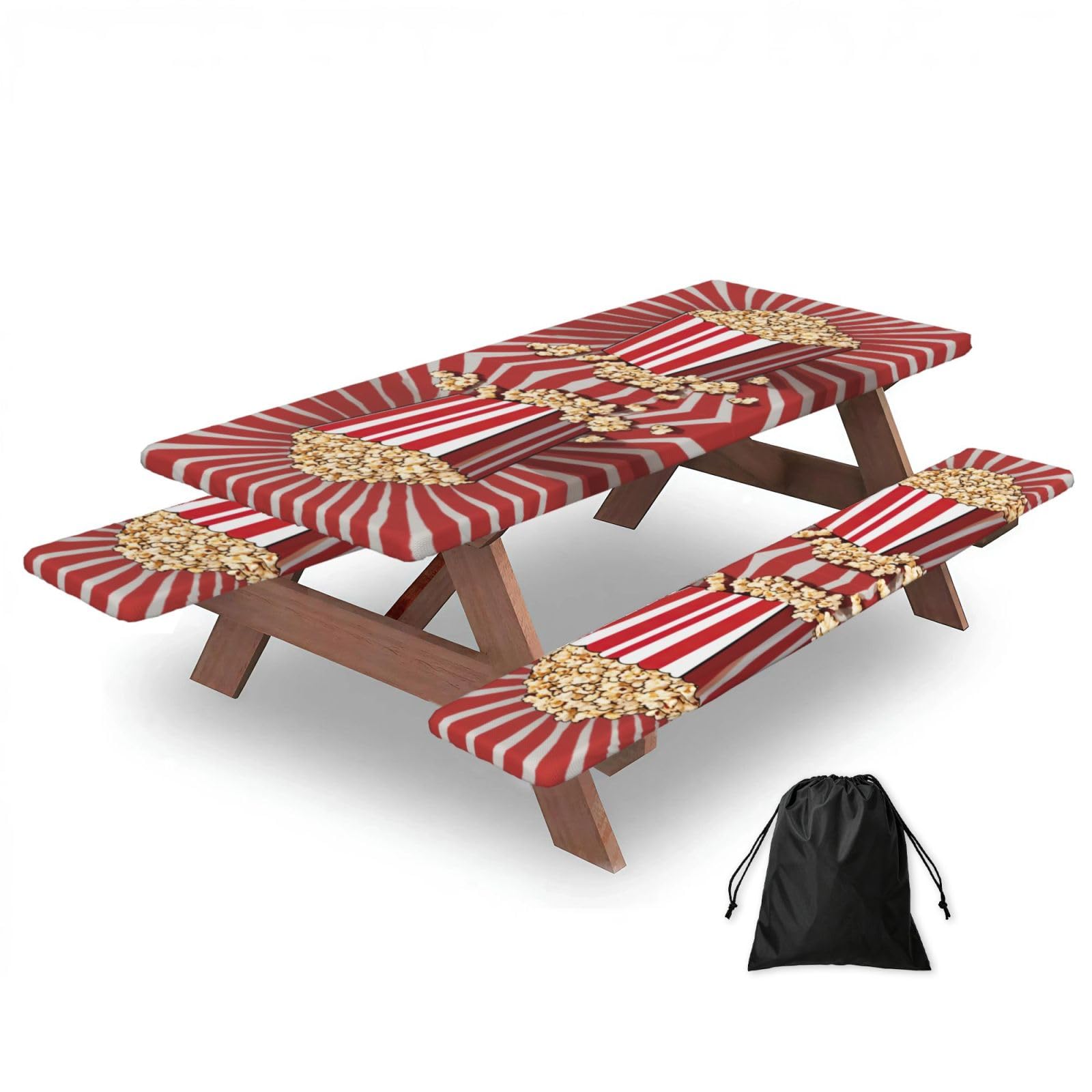 Zyjhyy Black Popcorn Print Print Party Table Covers With Bench Covers Set Of 3 Picnic Table Cloth Wipe Clean For Garden Camping