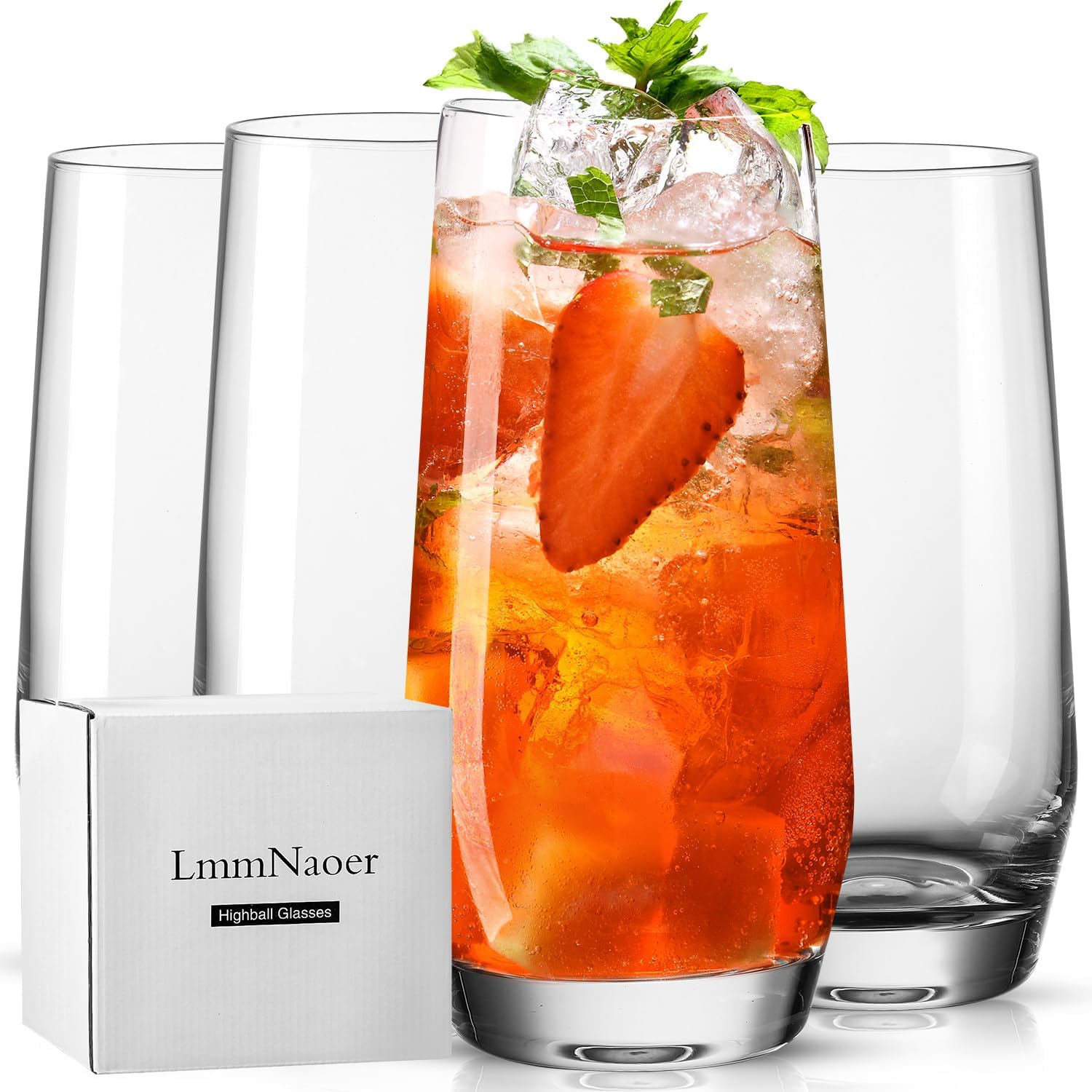 18 Ounce Highball Drinking Glasses Set of 4, Large Tall Cups, Lead-Free Crystal Tall Drinking Water Glasses, Cocktail Bar Glassware for Rocks, Juice, Beer, Beverage