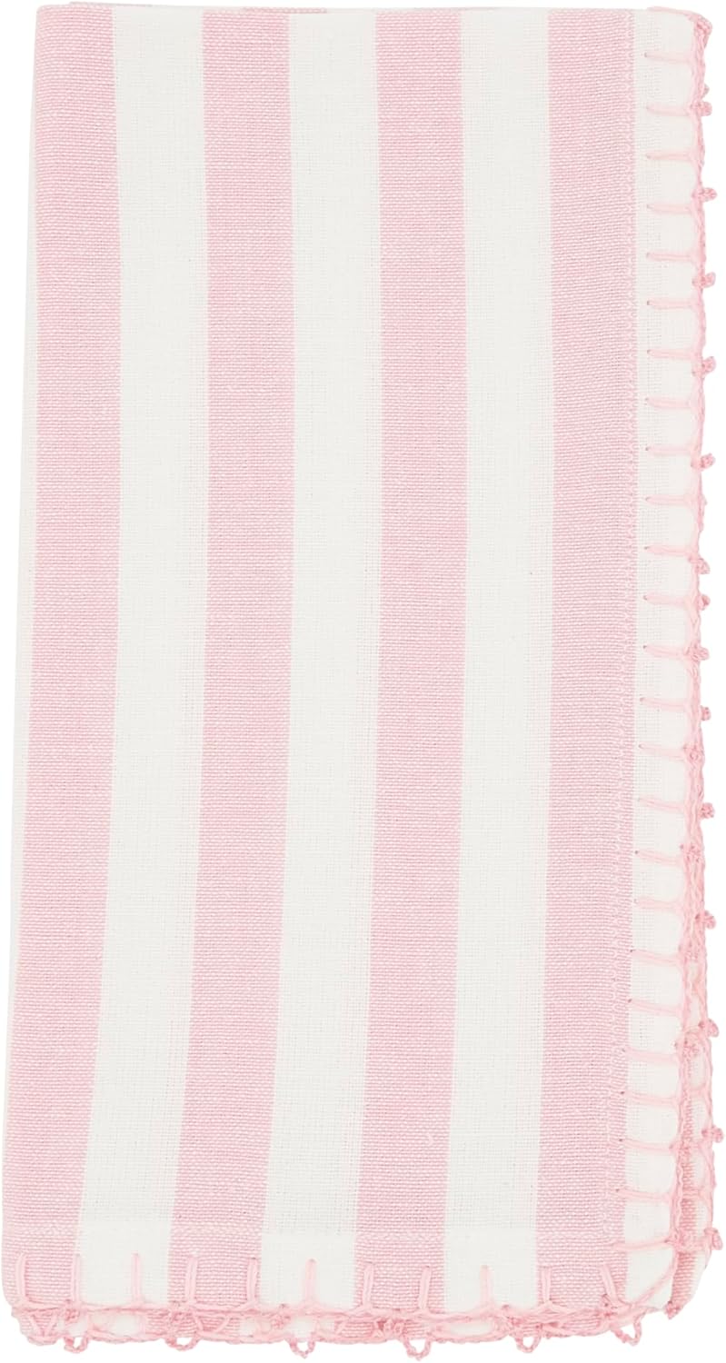 Saro Lifestyle Lively Pompom Border Striped Napkin (Set of 4), Pink, 20"