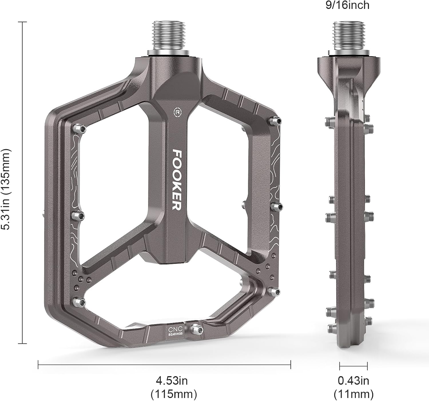 FOOKER Bike Pedals,Aluminum 9/16" Sealed Bearing Bicycle Pedals Lightweight Wide Flat Platform for Road Mountain BMX MTB Bike